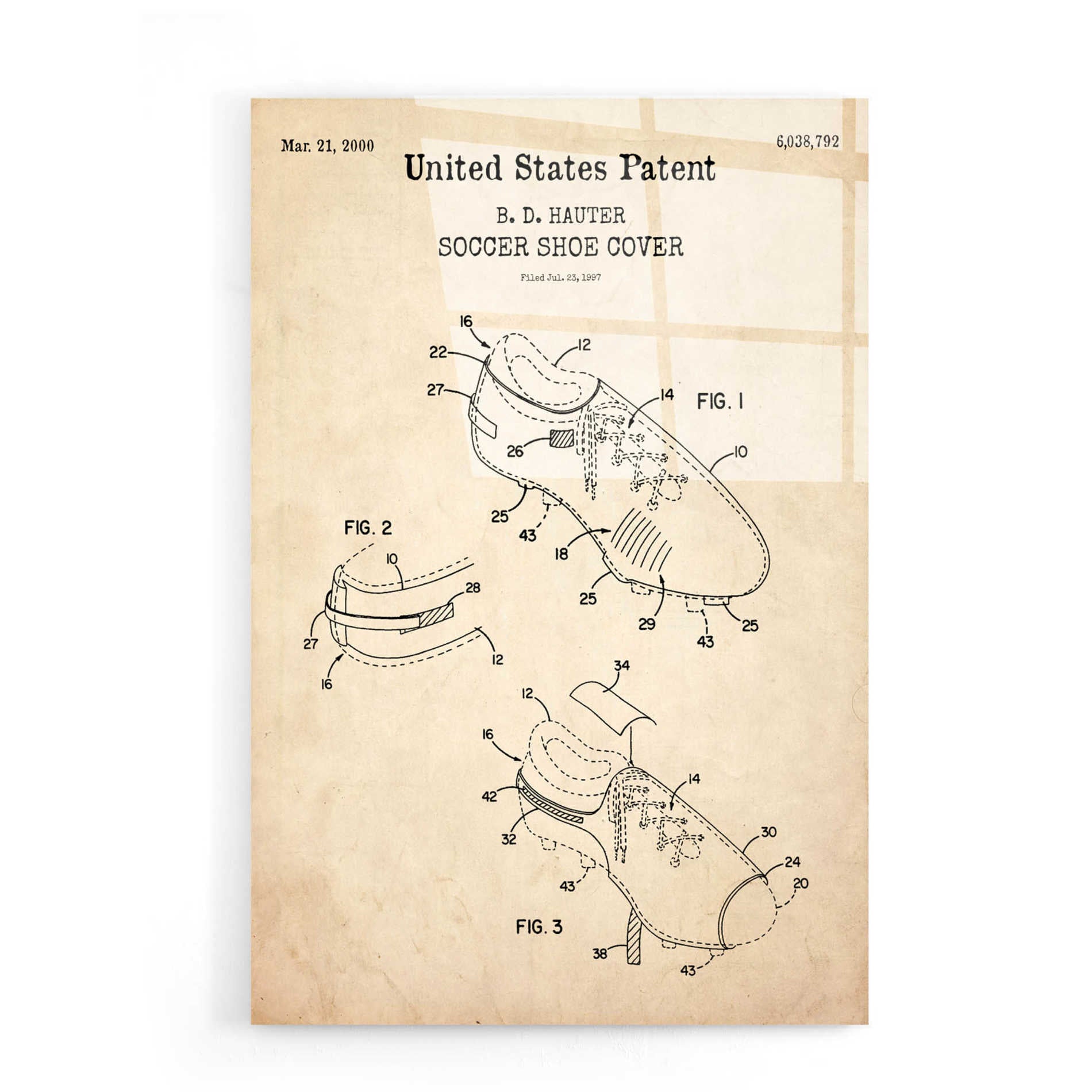Epic Art 'Soccer Shoe Cover Blueprint Patent Parchment,' Acrylic Glass Wall Art,16x24