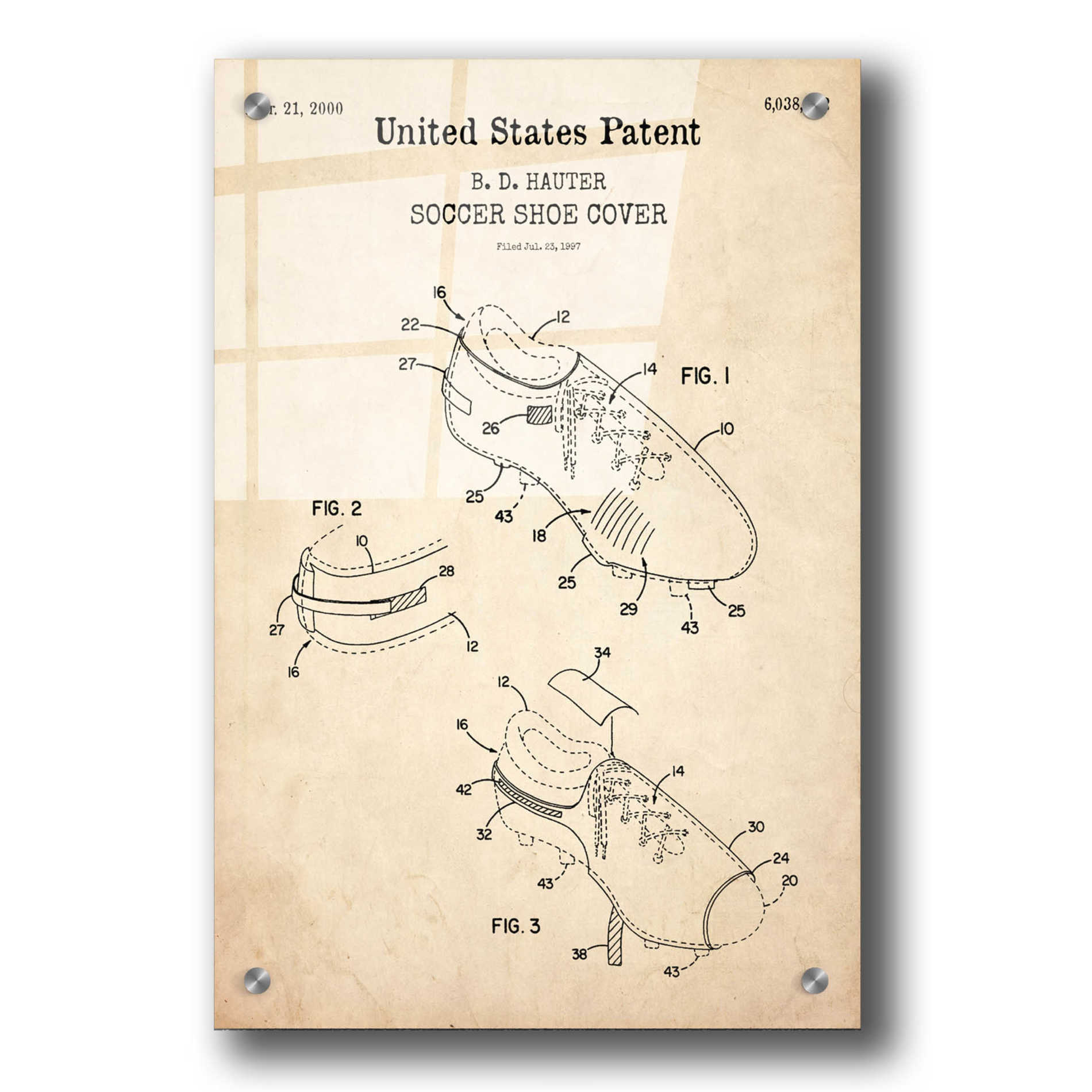 Epic Art 'Soccer Shoe Cover Blueprint Patent Parchment,' Acrylic Glass Wall Art,24x36
