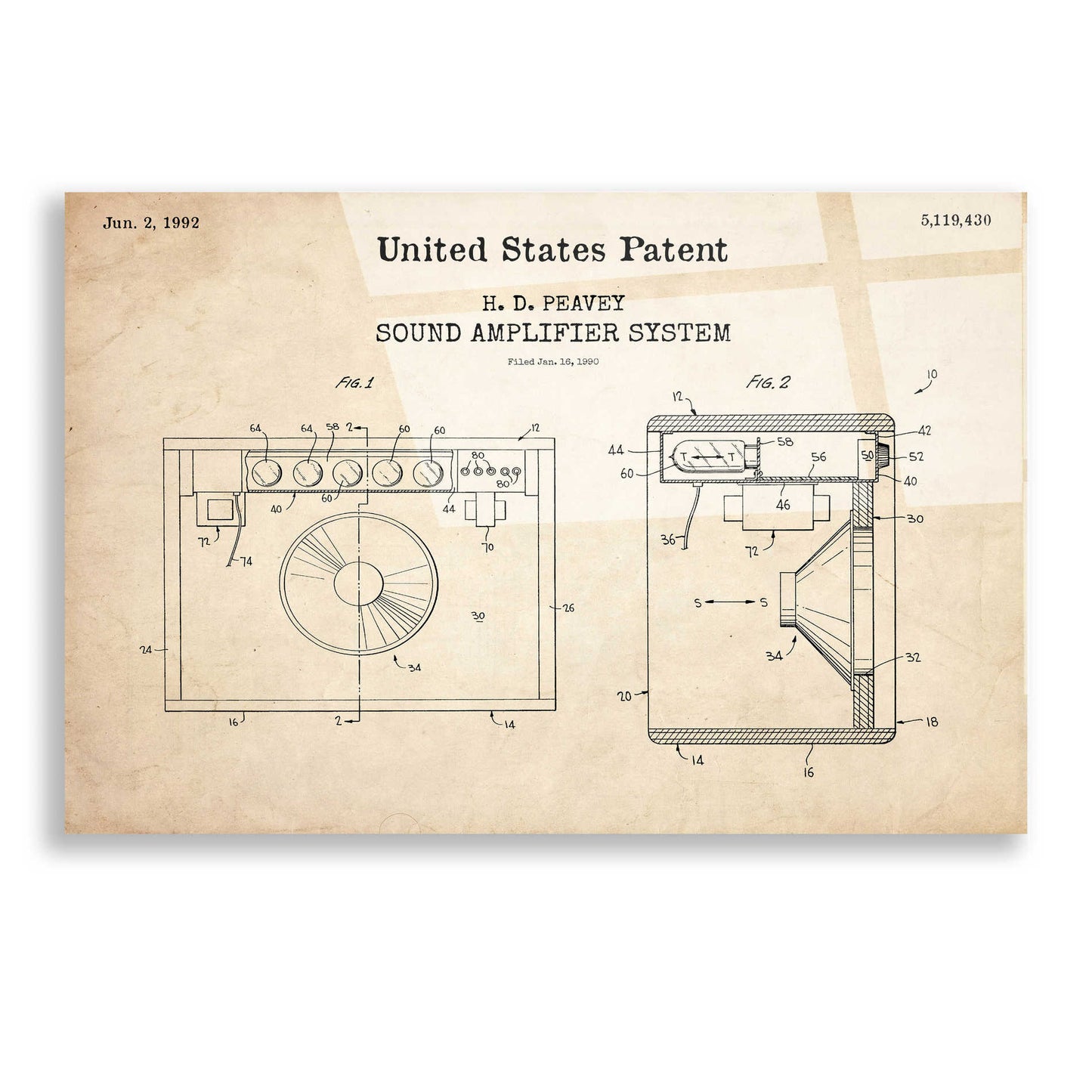 Epic Art 'Sound Amplifier Blueprint Patent Parchment,' Acrylic Glass Wall Art,36x24