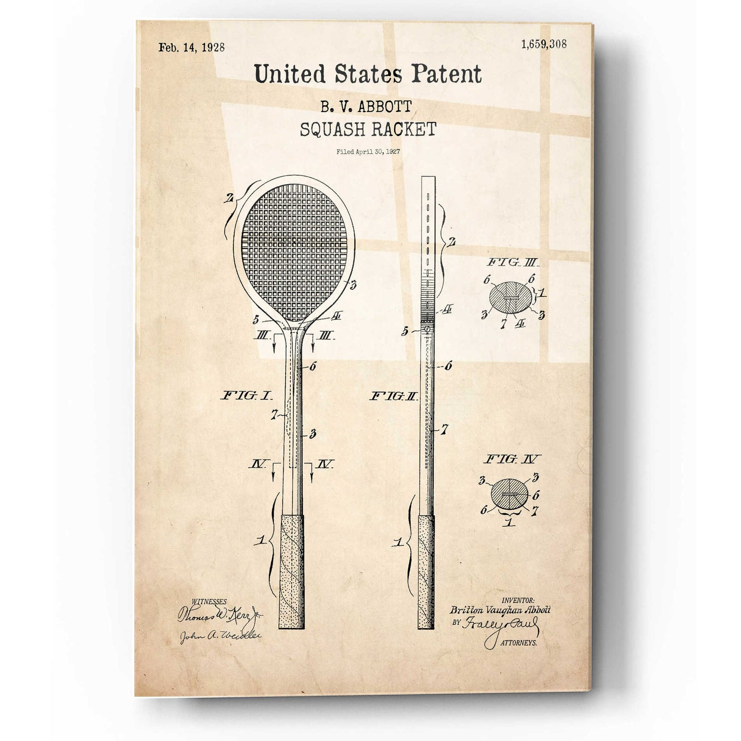 Epic Art 'Squash Racket Blueprint Patent Parchment,' Acrylic Glass Wall Art,12x16