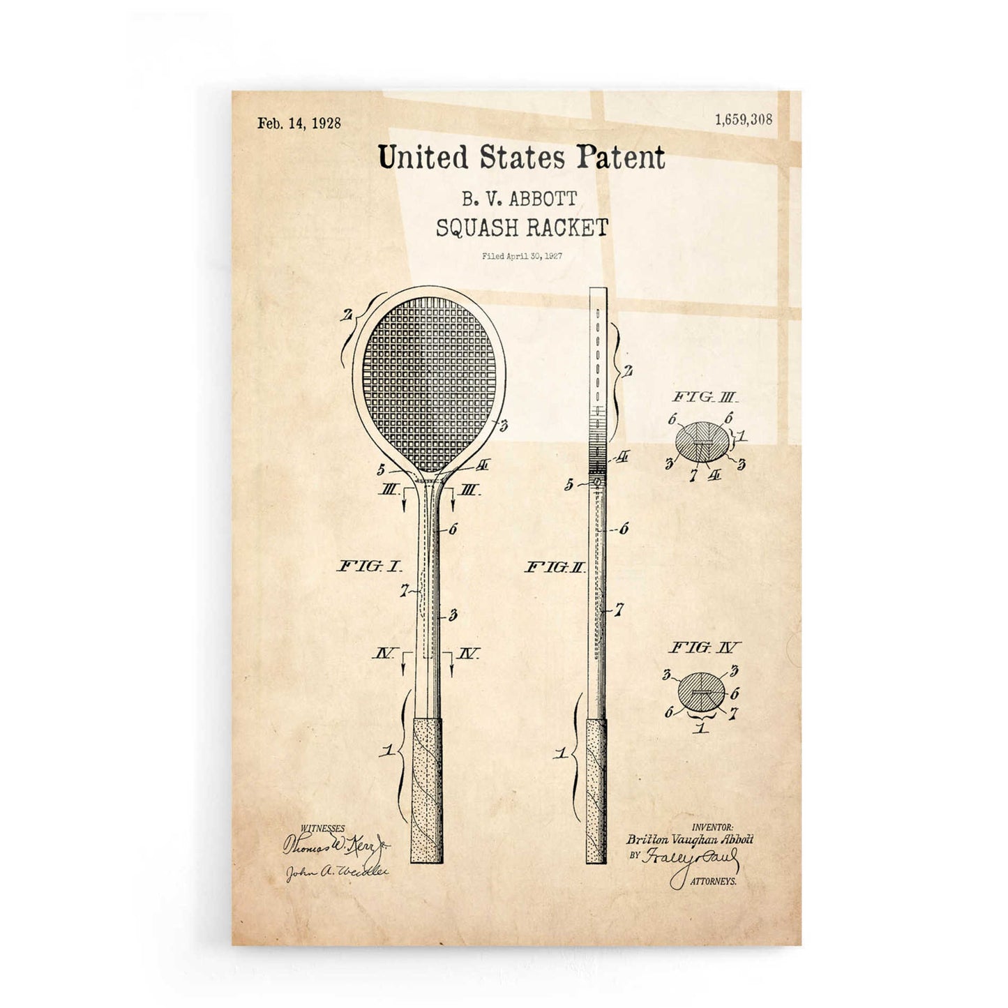 Epic Art 'Squash Racket Blueprint Patent Parchment,' Acrylic Glass Wall Art,16x24