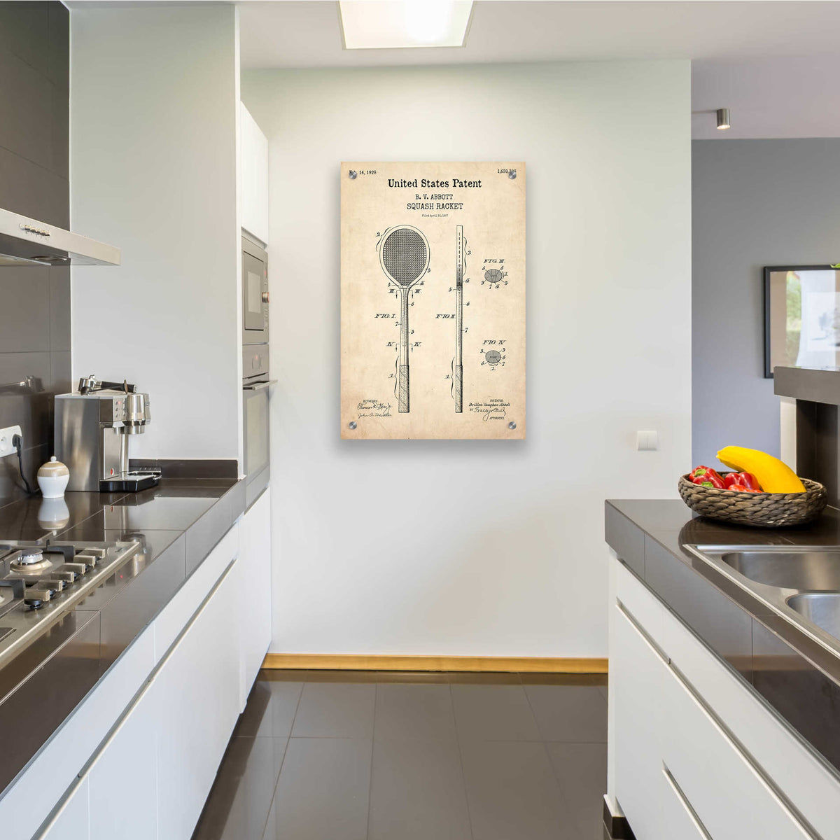 Epic Art 'Squash Racket Blueprint Patent Parchment,' Acrylic Glass Wall Art,24x36