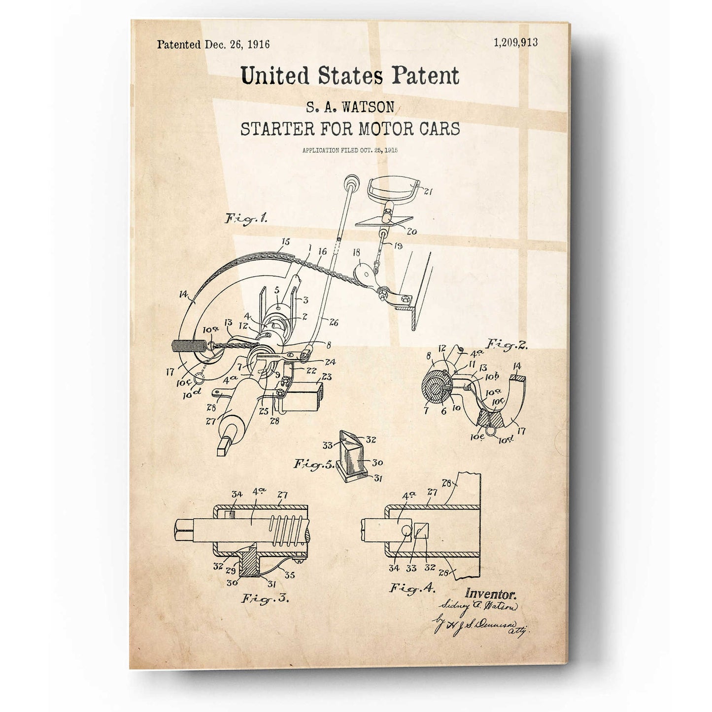 Epic Art 'Starter for Motor Cars Blueprint Patent Parchment,' Acrylic Glass Wall Art,12x16