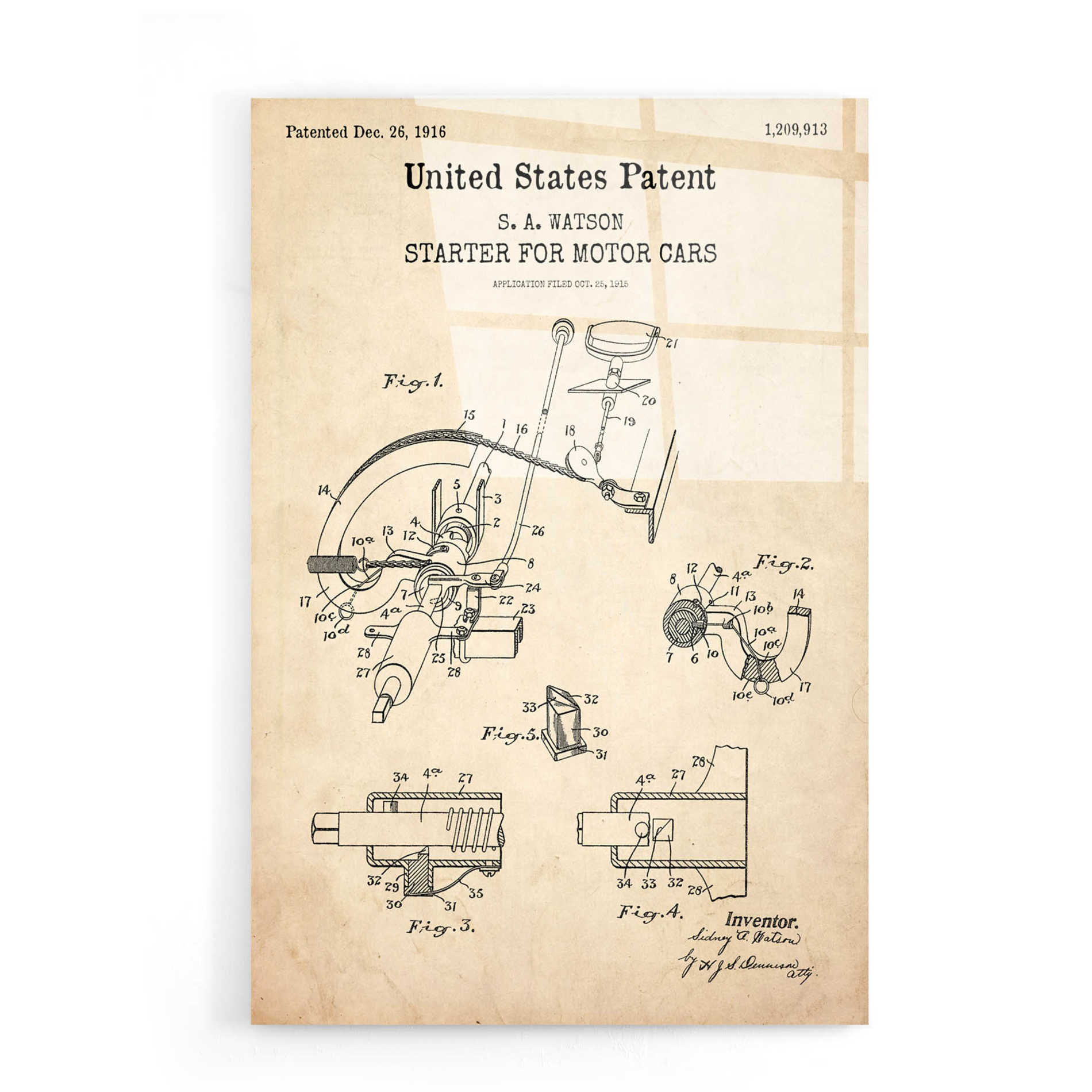 Epic Art 'Starter for Motor Cars Blueprint Patent Parchment,' Acrylic Glass Wall Art,16x24