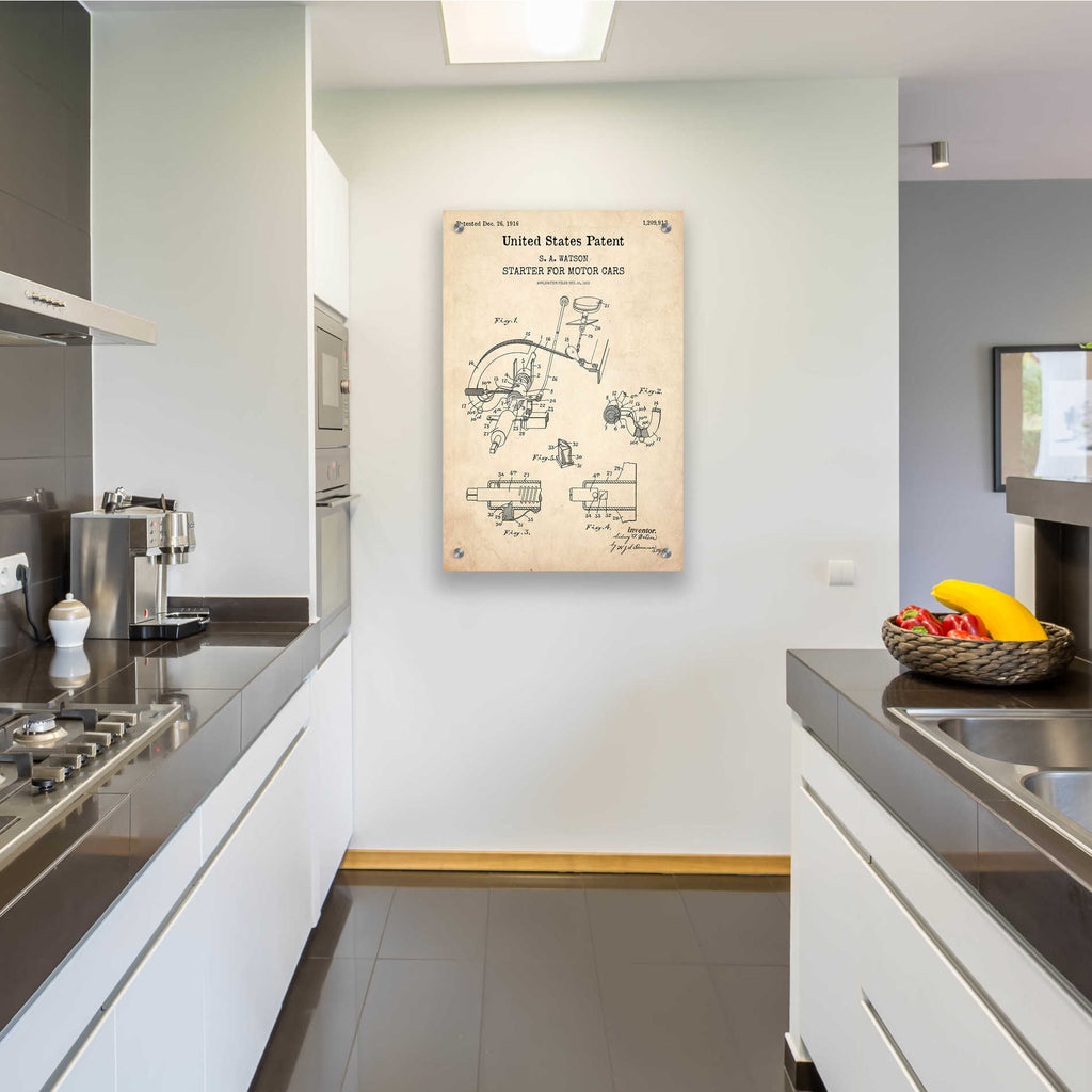 Epic Art 'Starter for Motor Cars Blueprint Patent Parchment,' Acrylic Glass Wall Art,24x36
