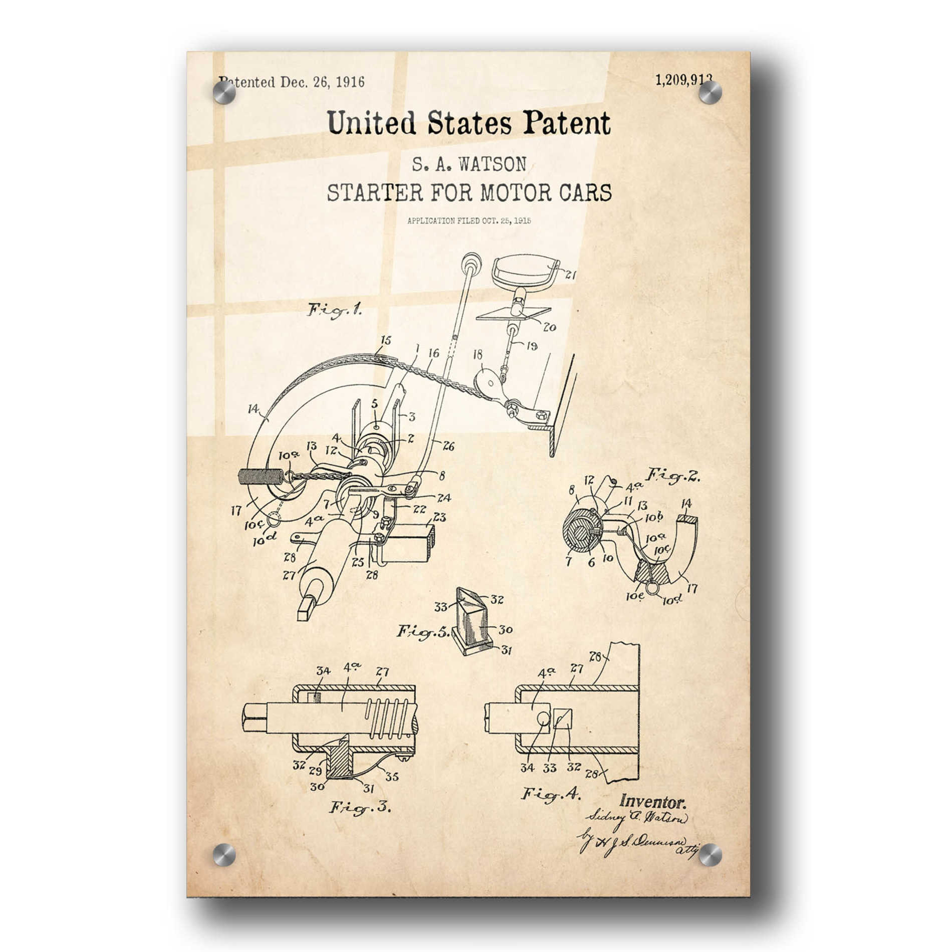 Epic Art 'Starter for Motor Cars Blueprint Patent Parchment,' Acrylic Glass Wall Art,24x36