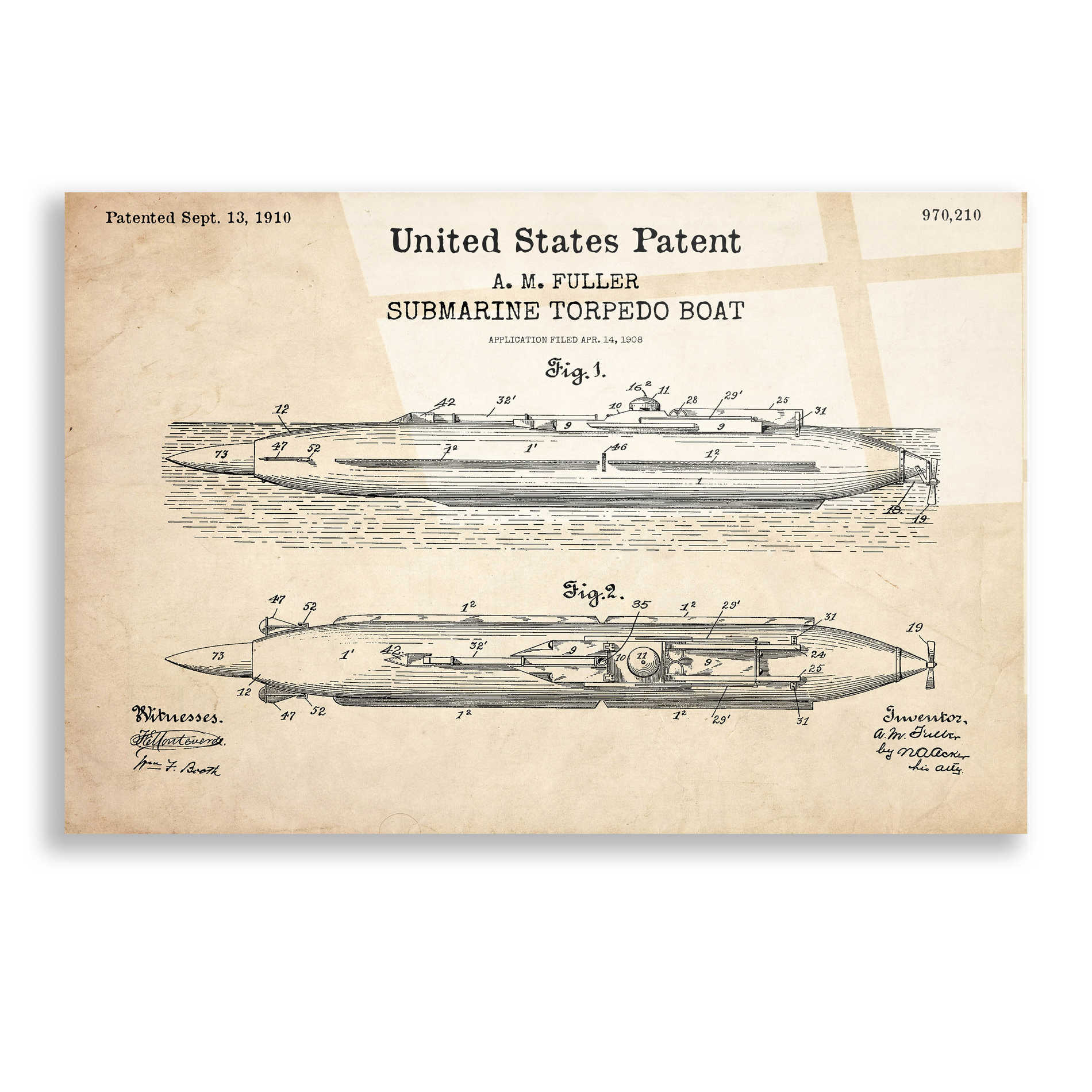 Epic Art 'Submarine Torpedo Boat Blueprint Patent Parchment,' Acrylic Glass Wall Art