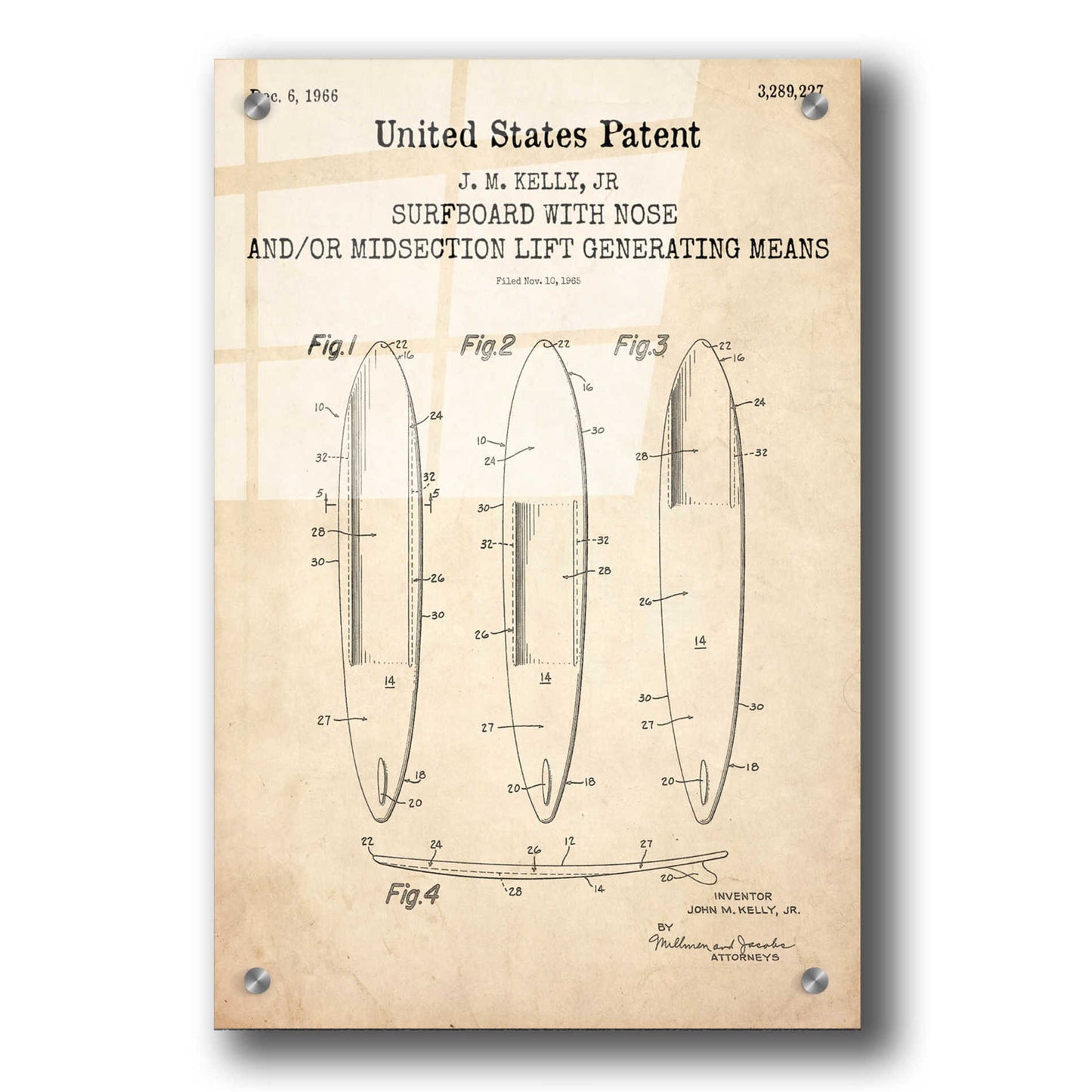 Epic Art 'Surfboard with nose Blueprint Patent Parchment,' Acrylic Glass Wall Art,24x36
