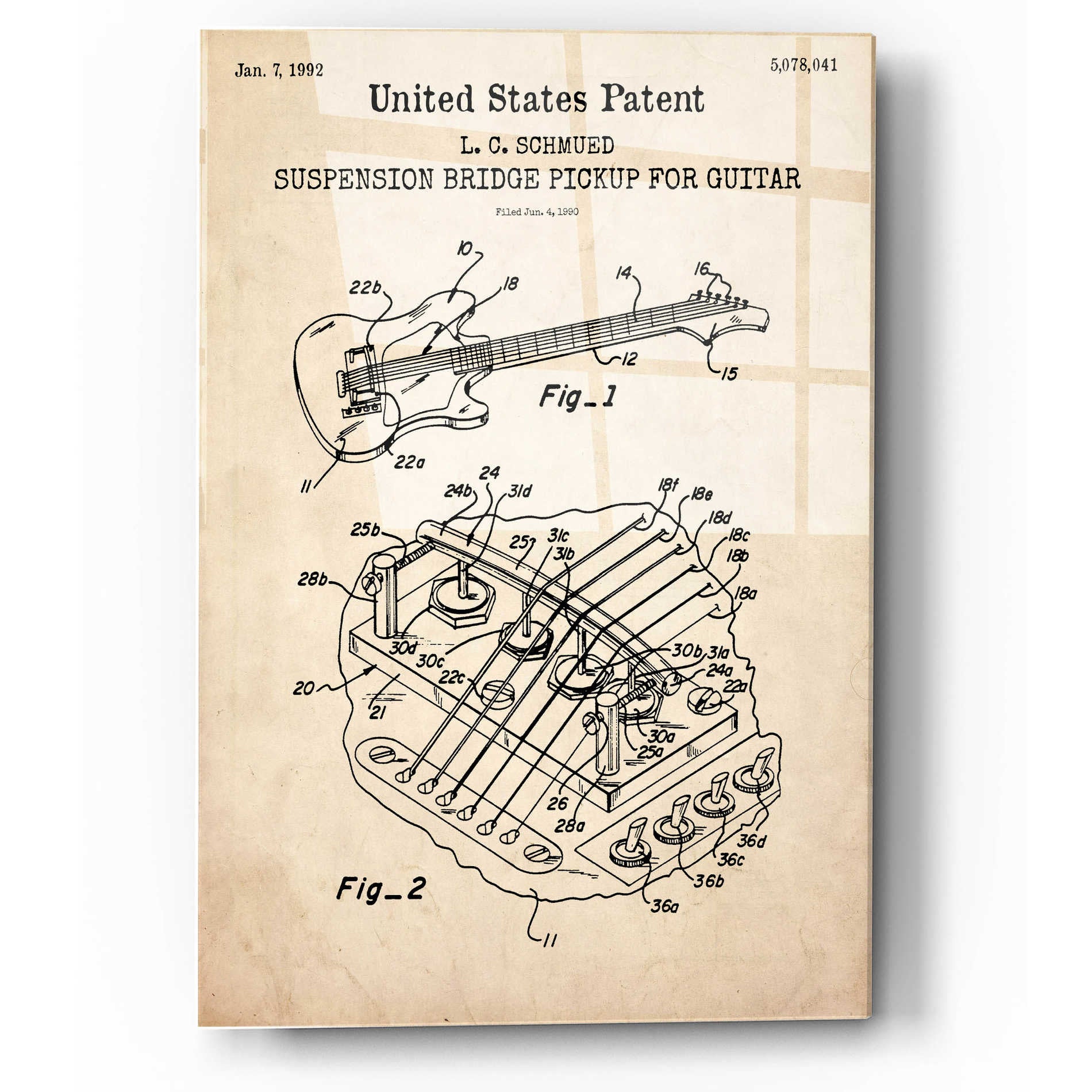 Epic Art 'Suspension Bridge Pickup for Guitar Blueprint Patent Parchment,' Acrylic Glass Wall Art,12x16