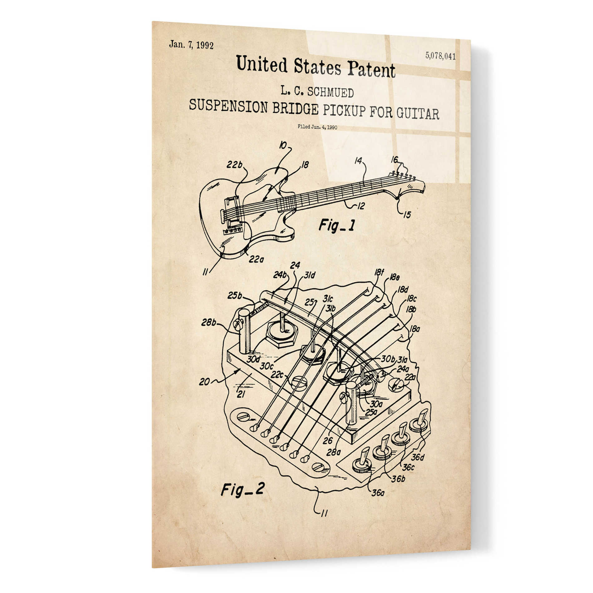 Epic Art 'Suspension Bridge Pickup for Guitar Blueprint Patent Parchment,' Acrylic Glass Wall Art,16x24