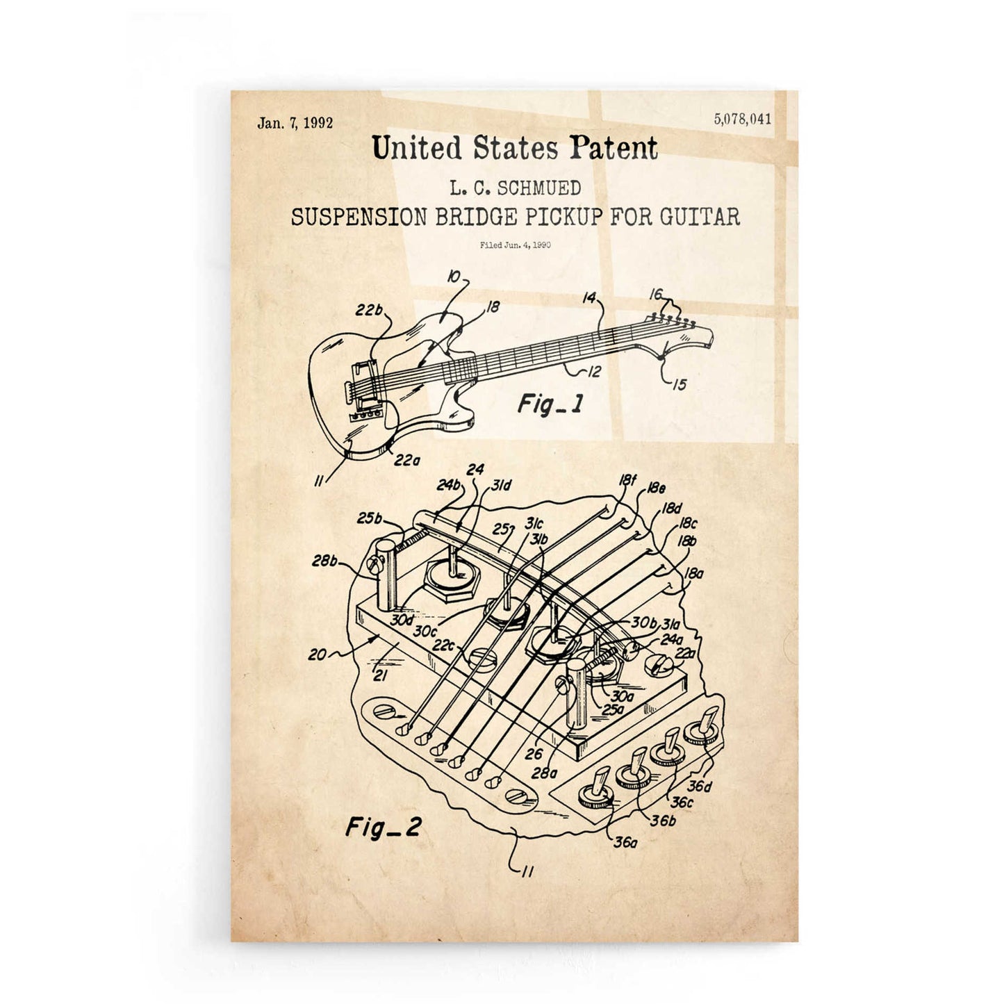 Epic Art 'Suspension Bridge Pickup for Guitar Blueprint Patent Parchment,' Acrylic Glass Wall Art,16x24