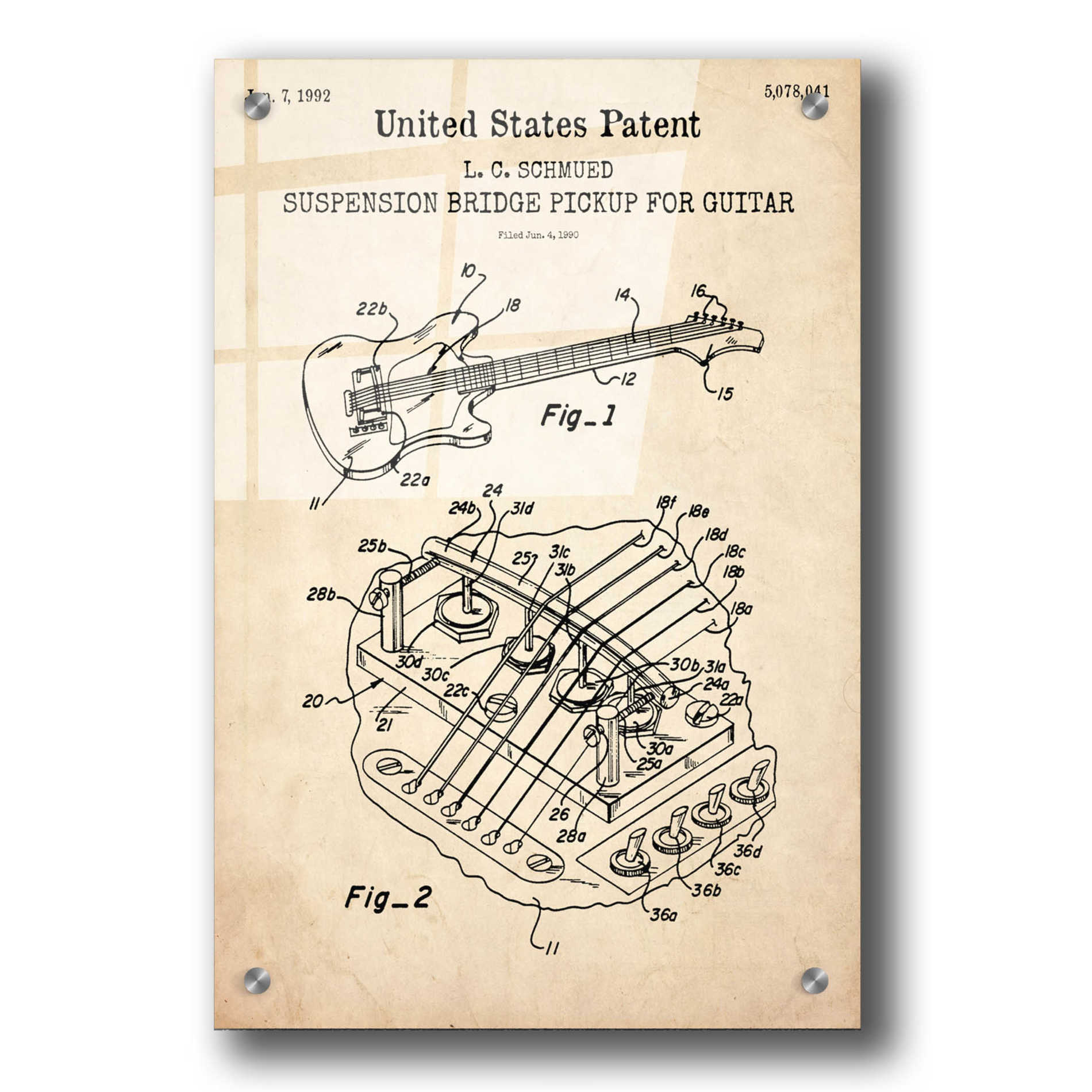 Epic Art 'Suspension Bridge Pickup for Guitar Blueprint Patent Parchment,' Acrylic Glass Wall Art,24x36