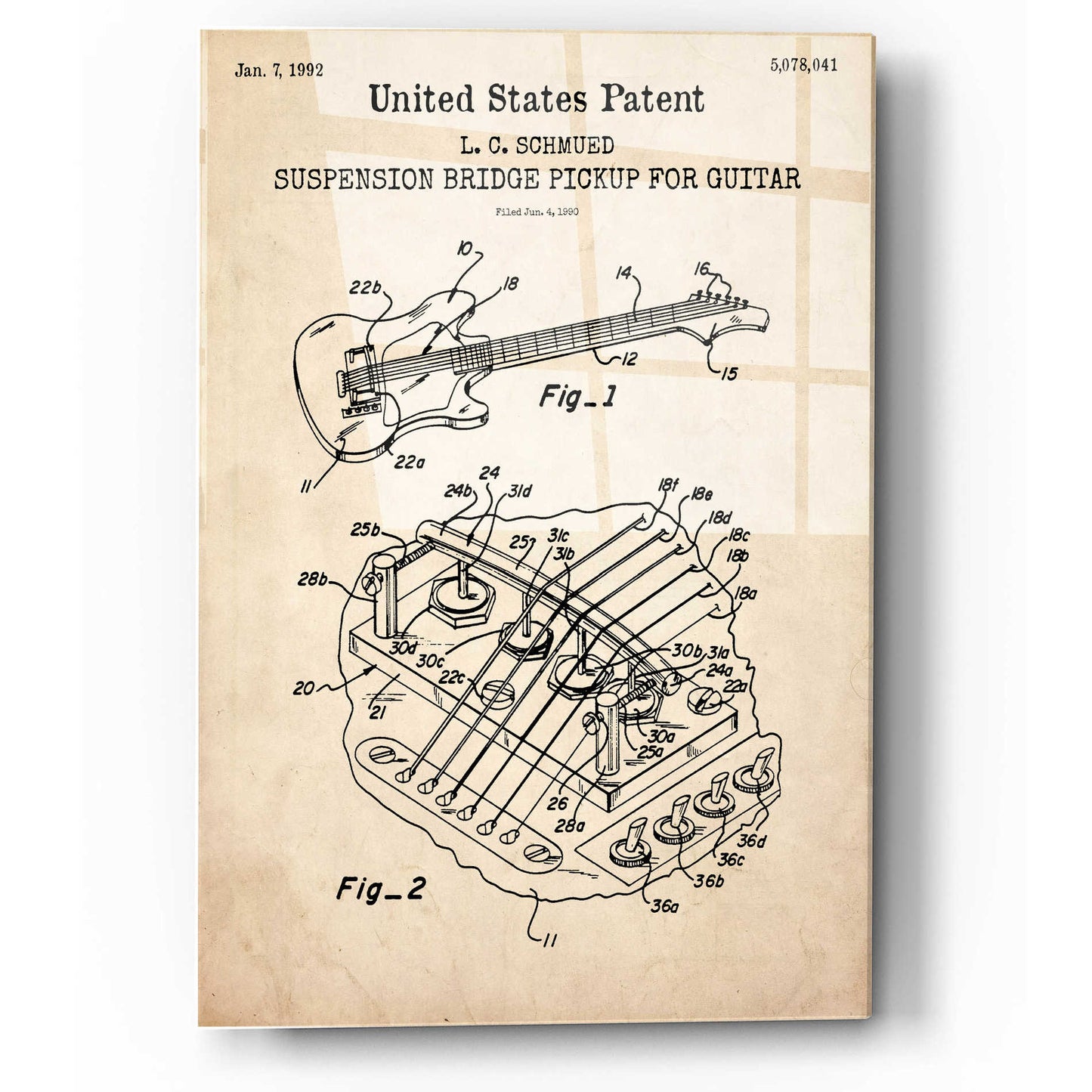Epic Art 'Suspension Bridge Pickup for Guitar Blueprint Patent Parchment,' Acrylic Glass Wall Art