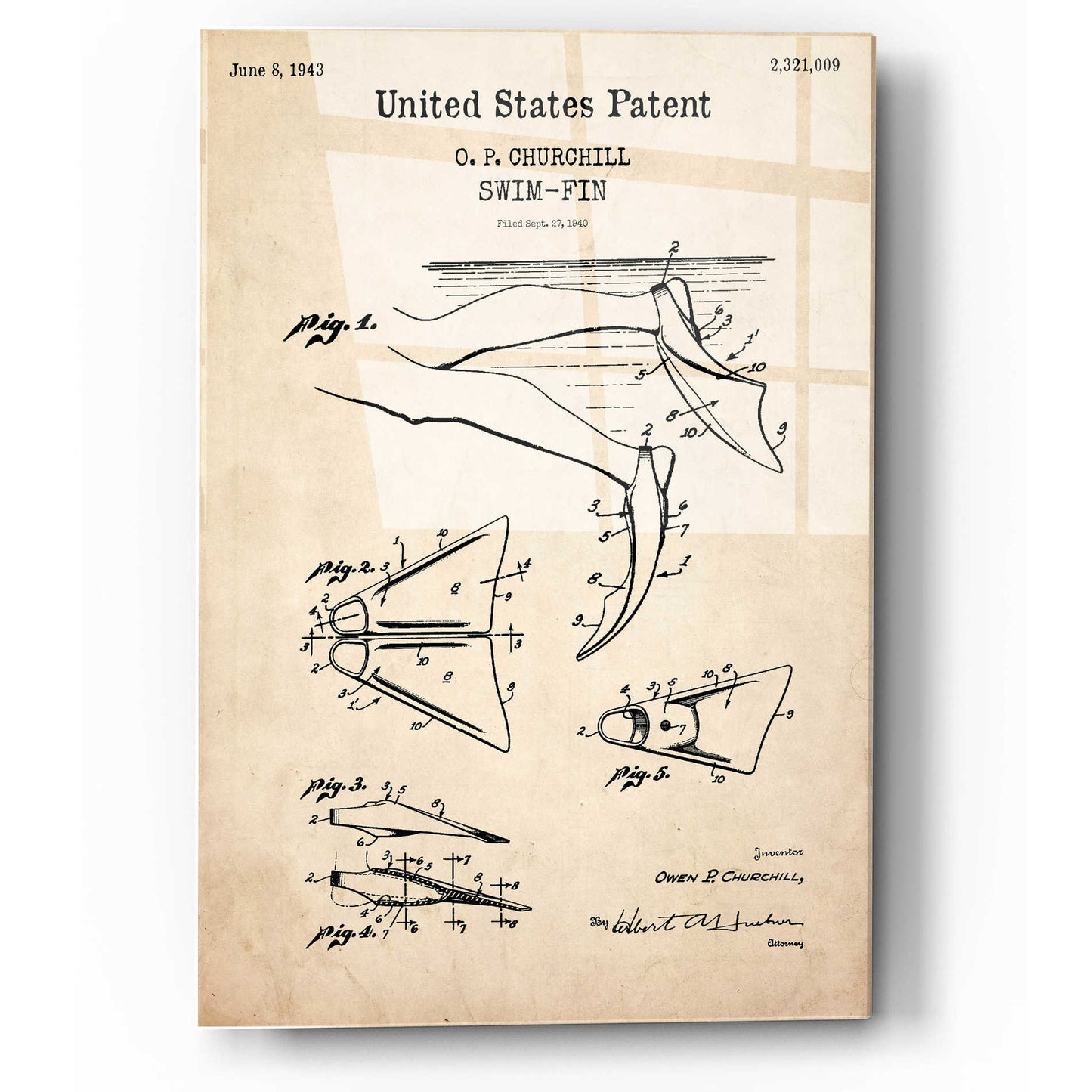 Epic Art 'Swim Fin Blueprint Patent Parchment,' Acrylic Glass Wall Art,12x16