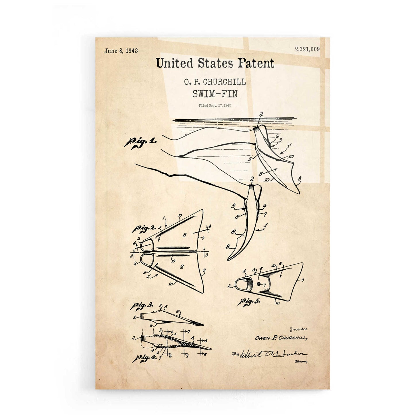 Epic Art 'Swim Fin Blueprint Patent Parchment,' Acrylic Glass Wall Art,16x24