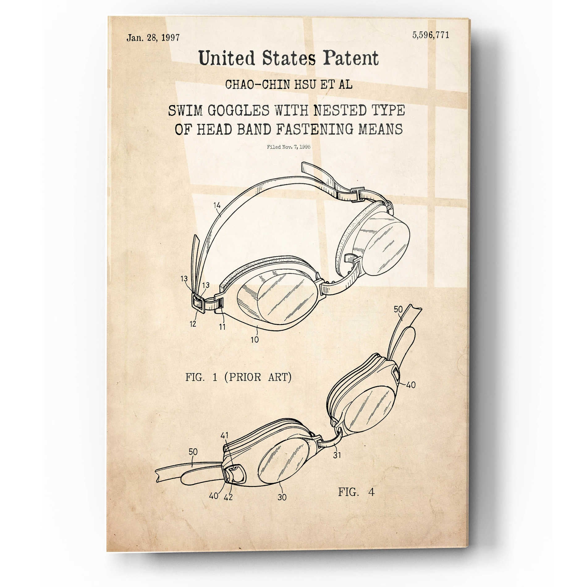 Epic Art 'Swim Goggles Blueprint Patent Parchment,' Acrylic Glass Wall Art,12x16
