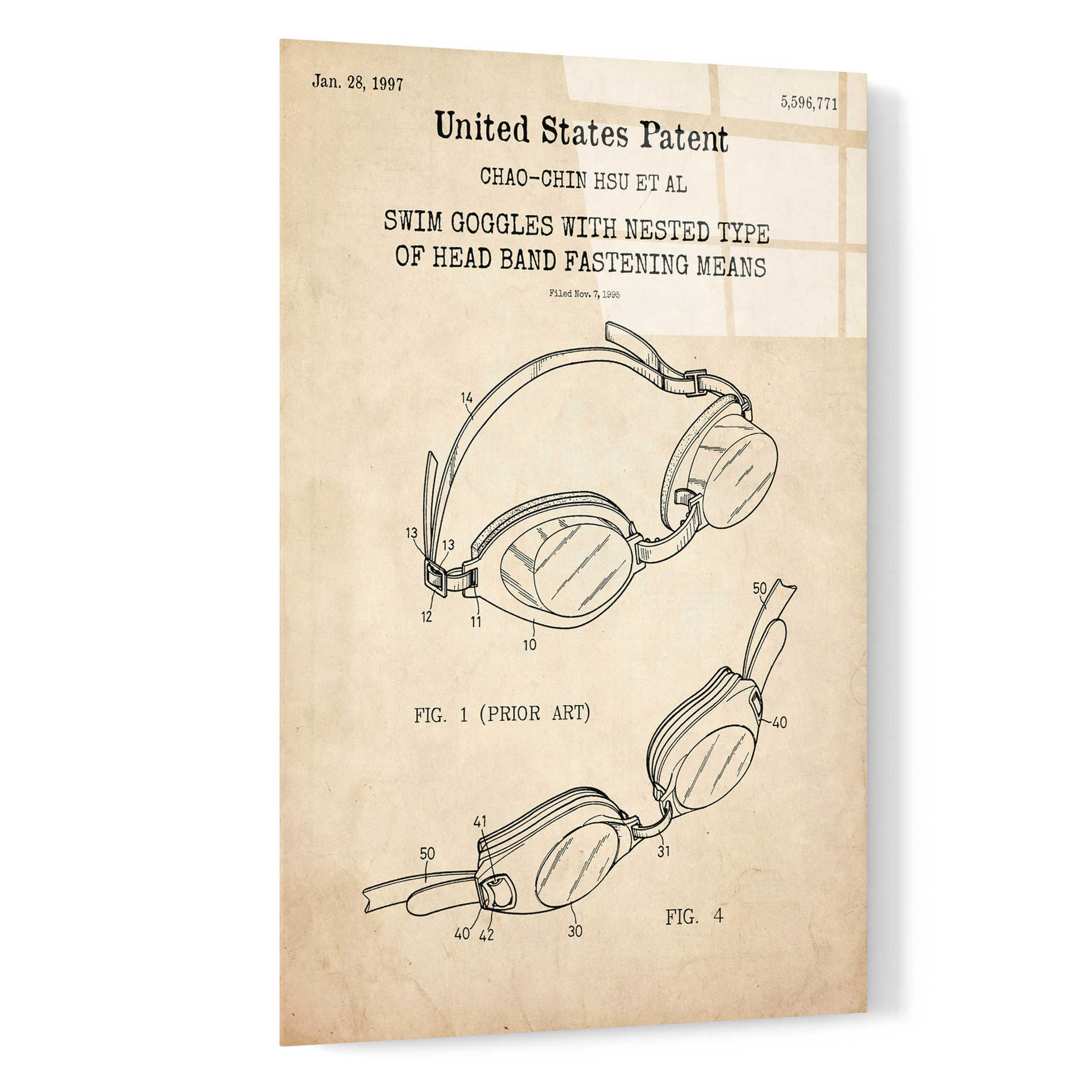 Epic Art 'Swim Goggles Blueprint Patent Parchment,' Acrylic Glass Wall Art,16x24