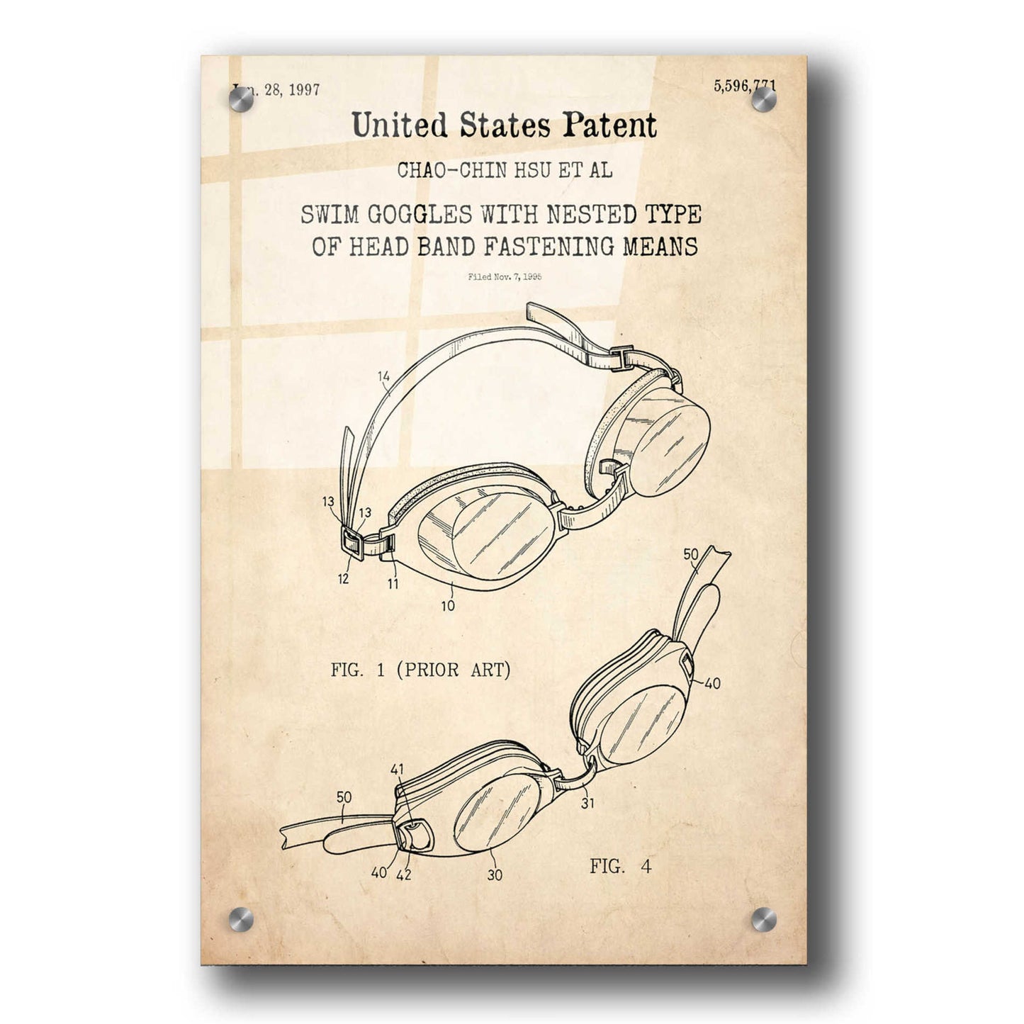 Epic Art 'Swim Goggles Blueprint Patent Parchment,' Acrylic Glass Wall Art,24x36