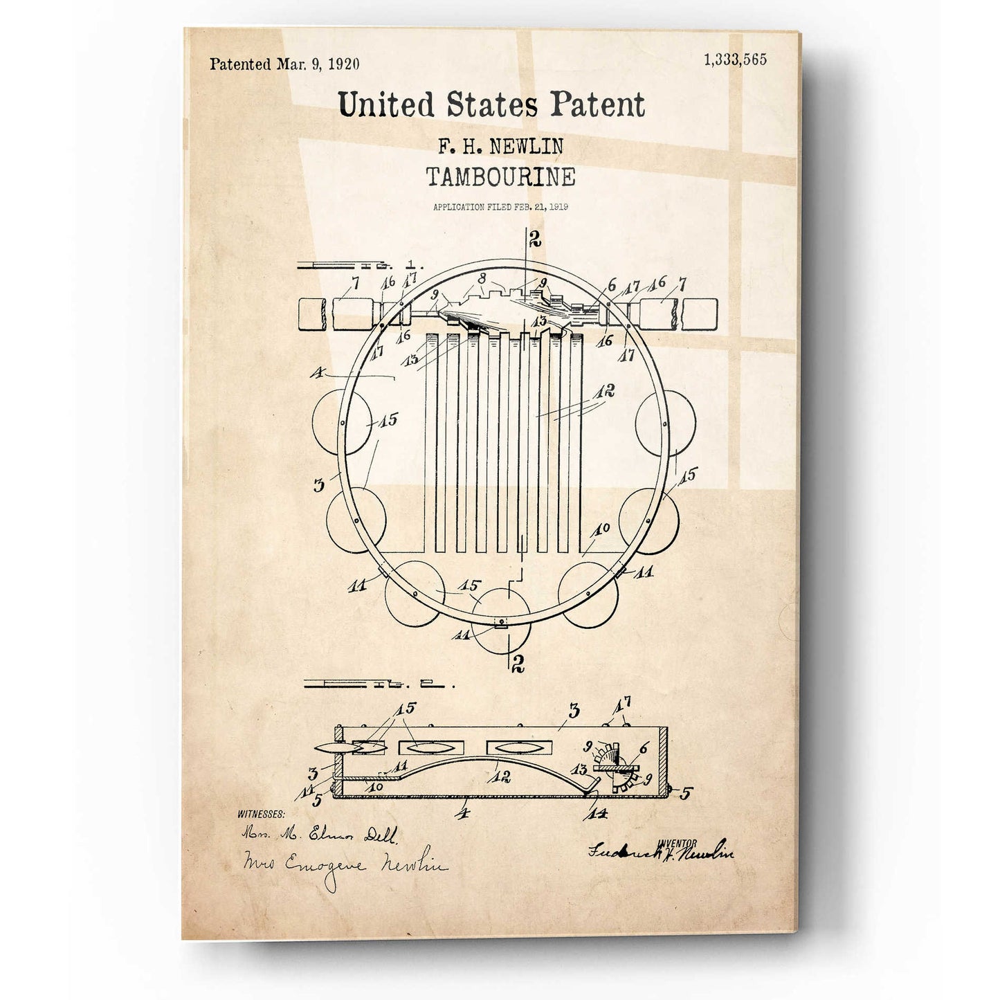 Epic Art 'Tambourine Blueprint Patent Parchment,' Acrylic Glass Wall Art,12x16