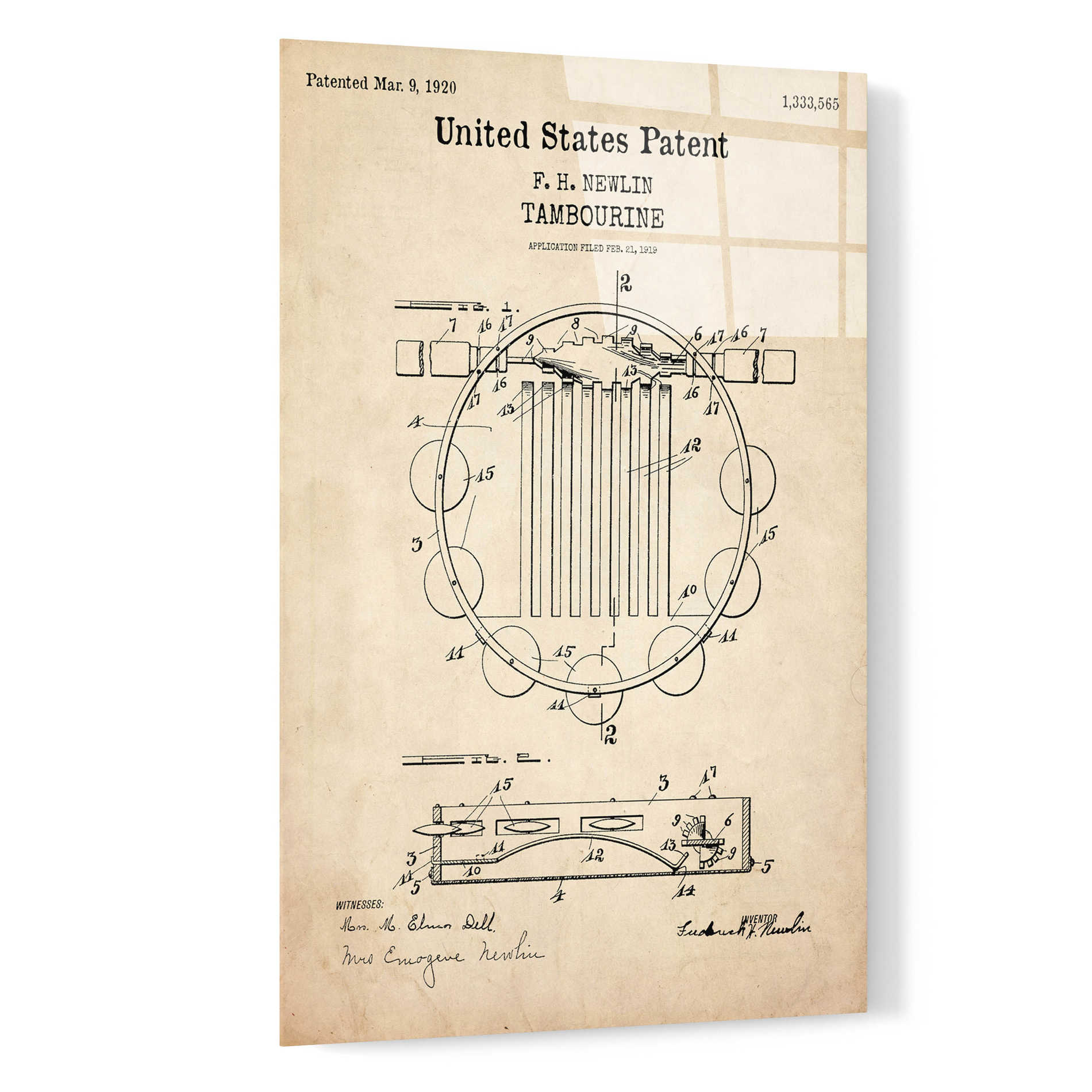 Epic Art 'Tambourine Blueprint Patent Parchment,' Acrylic Glass Wall Art,16x24