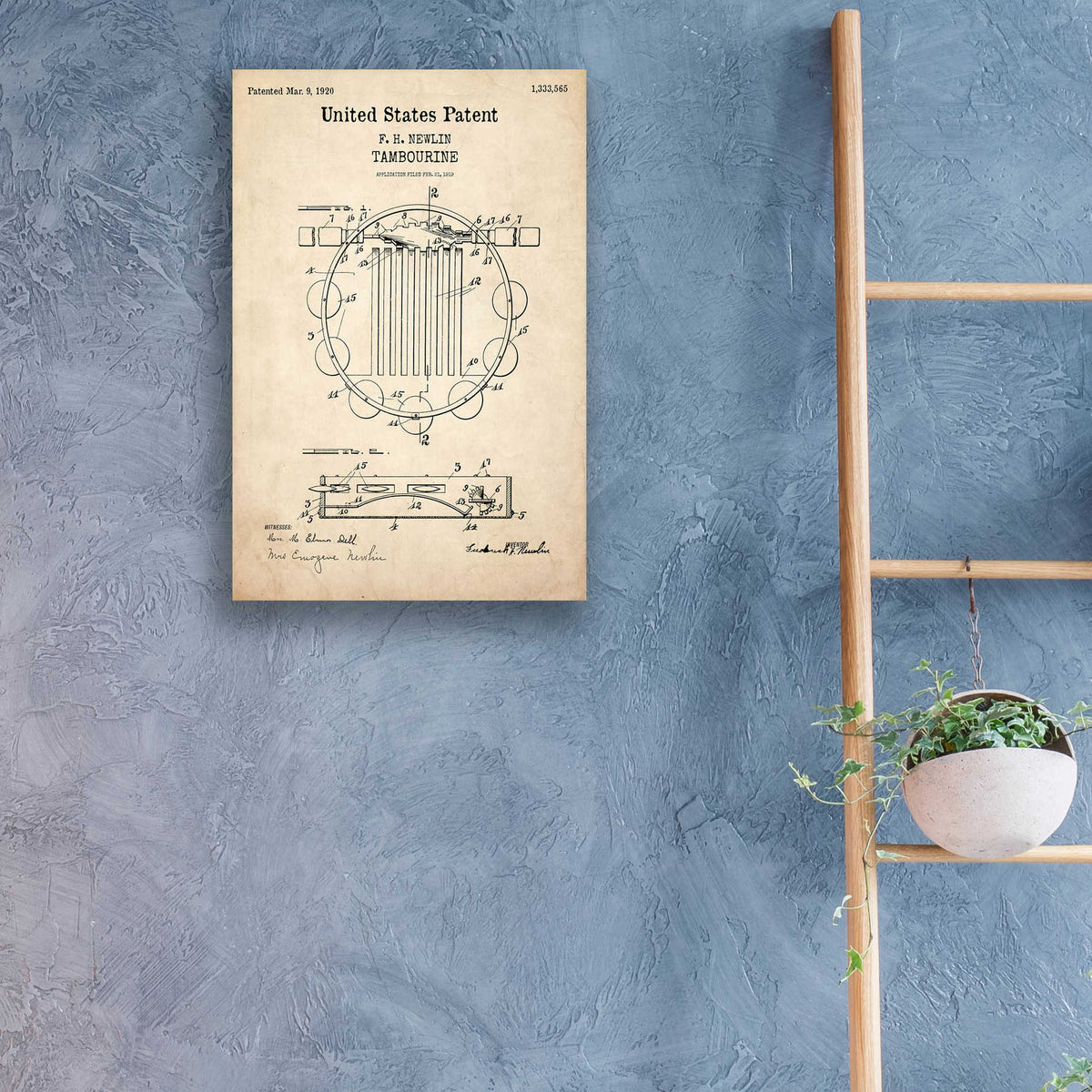 Epic Art 'Tambourine Blueprint Patent Parchment,' Acrylic Glass Wall Art,16x24