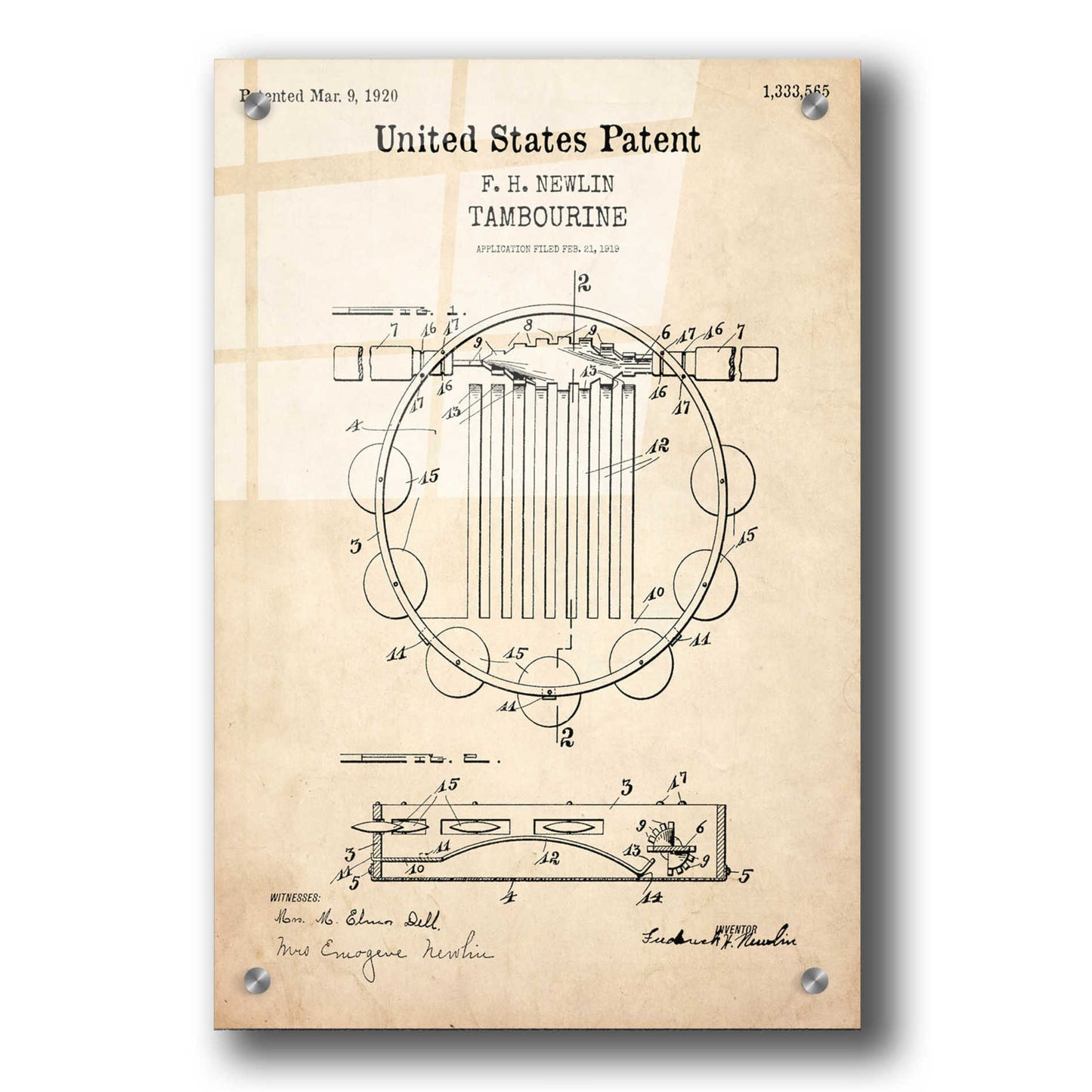 Epic Art 'Tambourine Blueprint Patent Parchment,' Acrylic Glass Wall Art,24x36