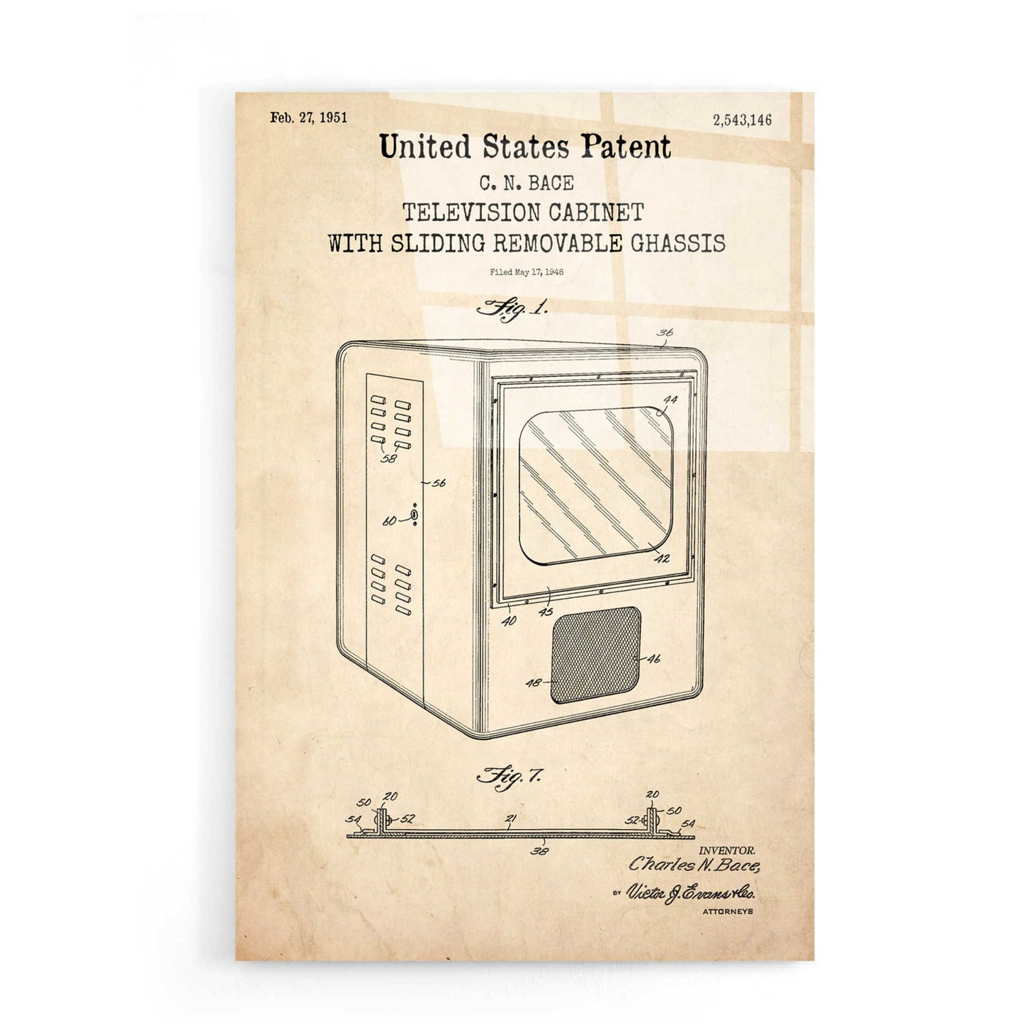 Epic Art 'Television Cabinet Blueprint Patent Parchment,' Acrylic Glass Wall Art,16x24