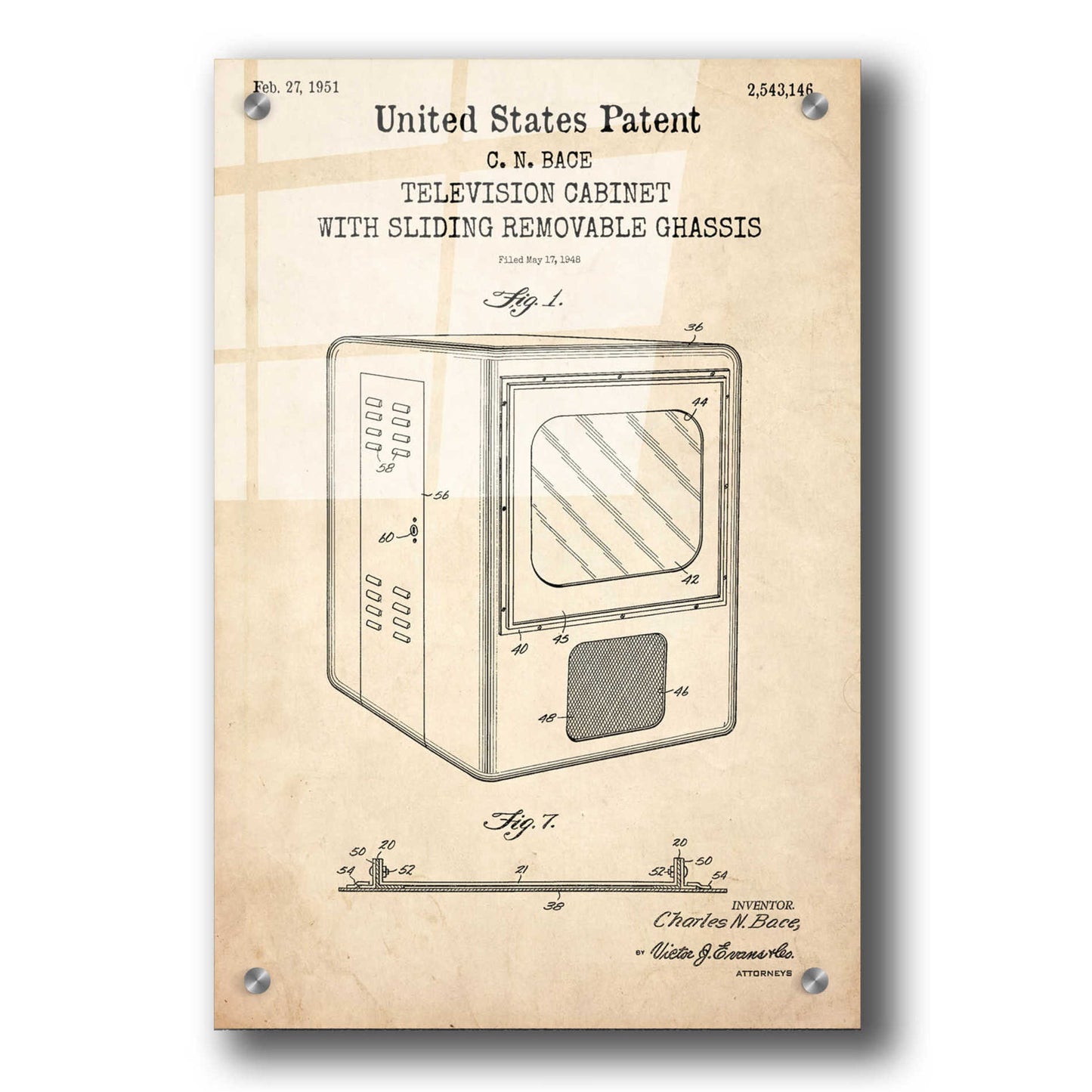 Epic Art 'Television Cabinet Blueprint Patent Parchment,' Acrylic Glass Wall Art,24x36