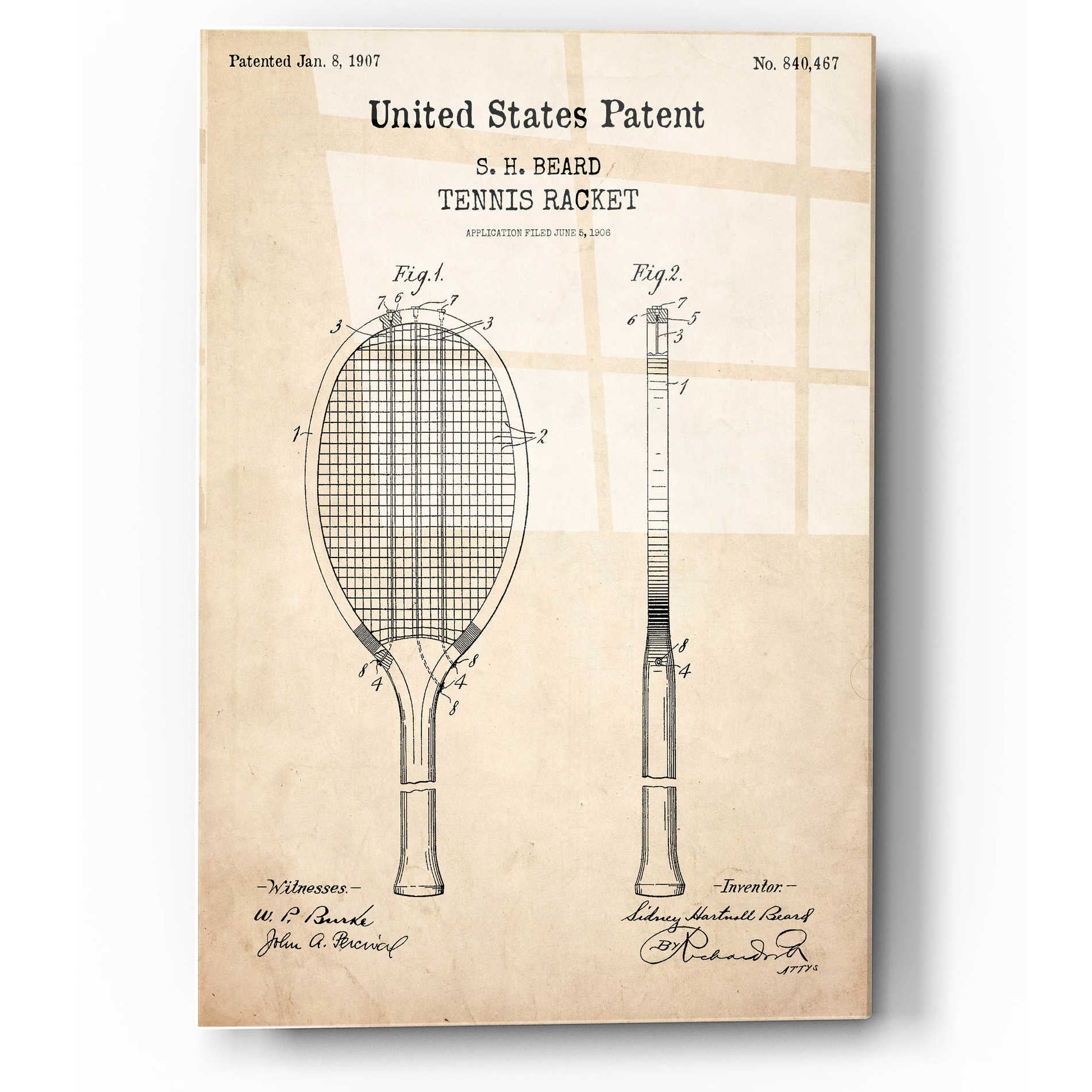 Epic Art 'Tennis Racket Blueprint Patent Parchment,' Acrylic Glass Wall Art,12x16