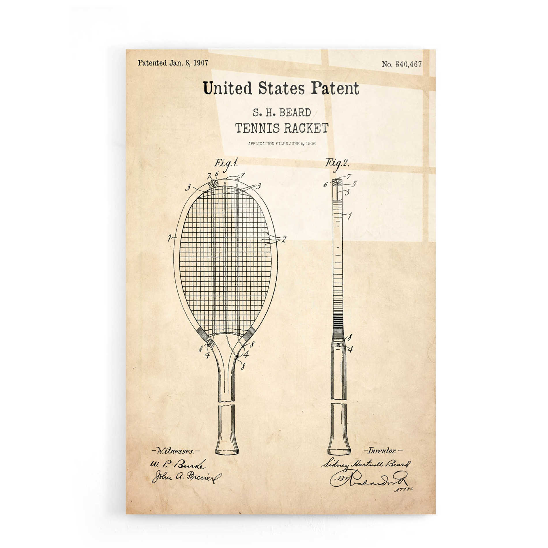 Epic Art 'Tennis Racket Blueprint Patent Parchment,' Acrylic Glass Wall Art,16x24