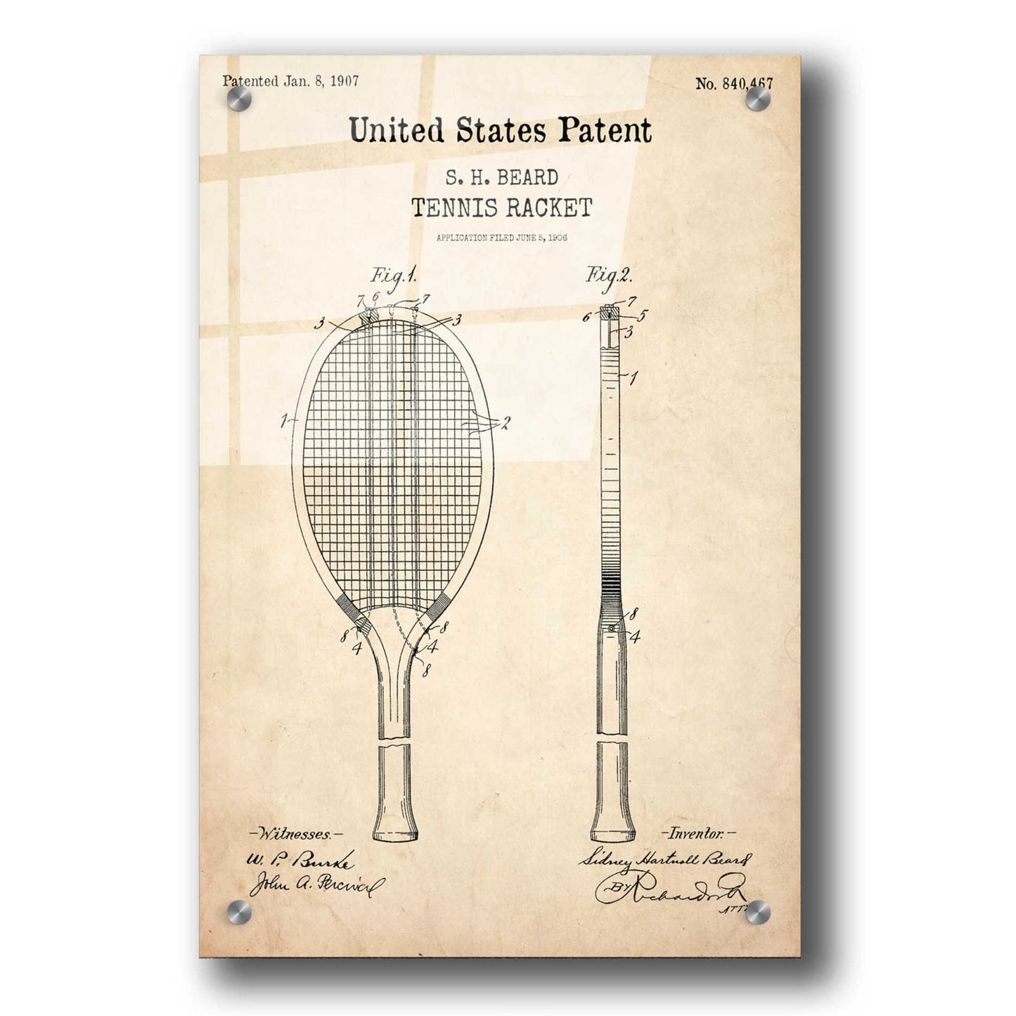 Epic Art 'Tennis Racket Blueprint Patent Parchment,' Acrylic Glass Wall Art,24x36