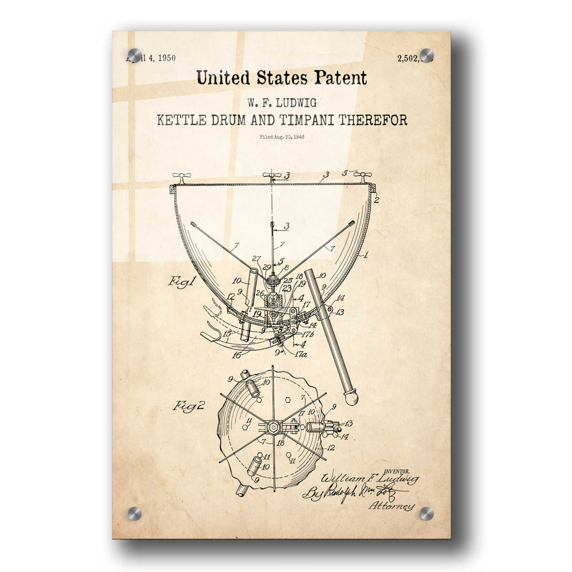 Epic Art 'Timpani Blueprint Patent Parchment,' Acrylic Glass Wall Art,24x36