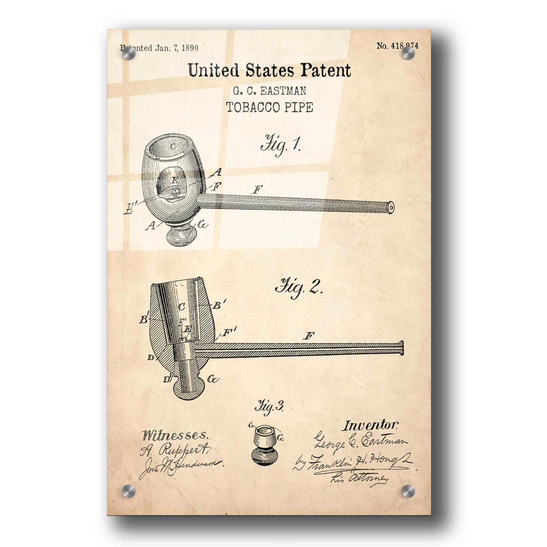 Epic Art 'Tobacco Pipe Blueprint Patent Parchment,' Acrylic Glass Wall Art,24x36