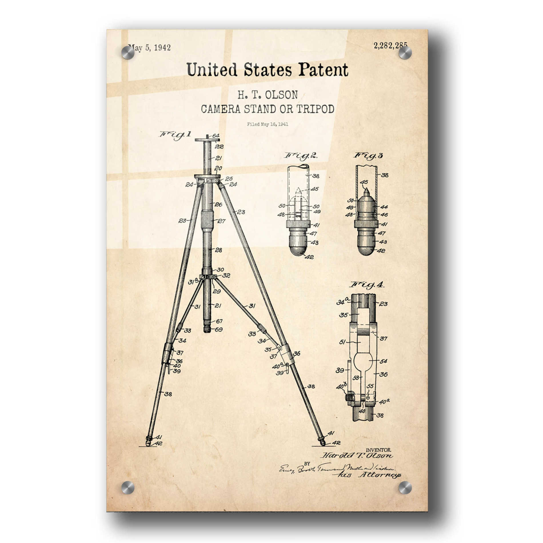 Epic Art 'Tripod Blueprint Patent Parchment,' Acrylic Glass Wall Art,24x36
