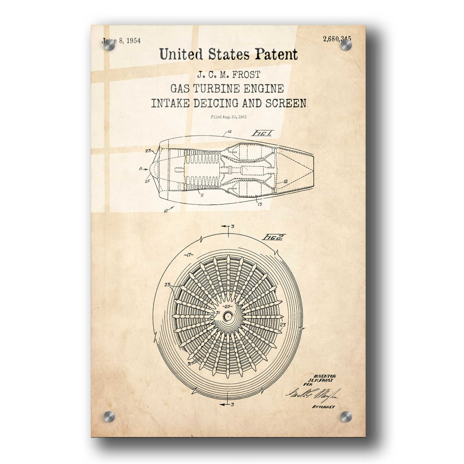 Epic Art 'Gas Turbine Engine Blueprint Patent Parchment,' Acrylic Glass Wall Art,24x36