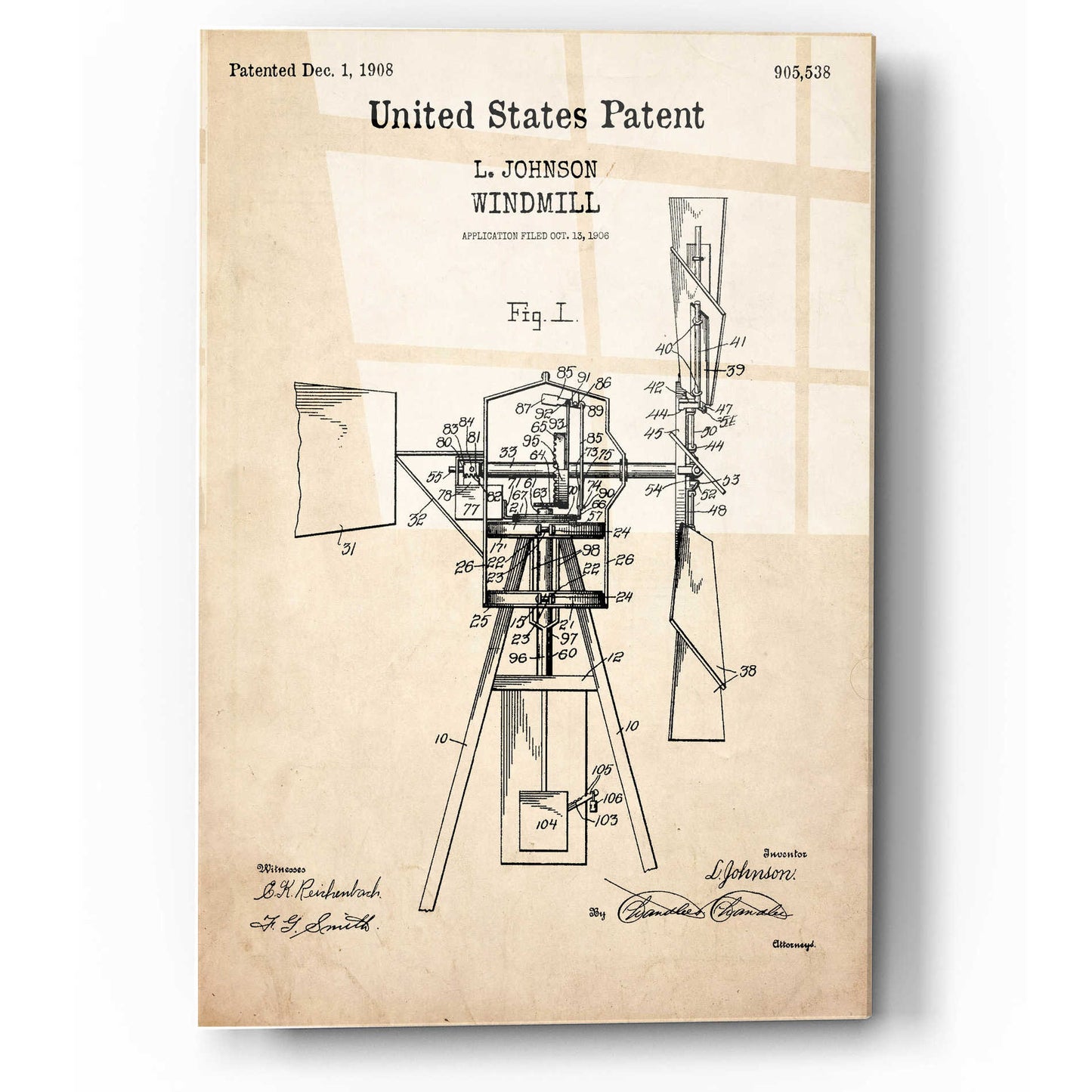 Epic Art 'Windmill Blueprint Patent Parchment,' Acrylic Glass Wall Art,12x16