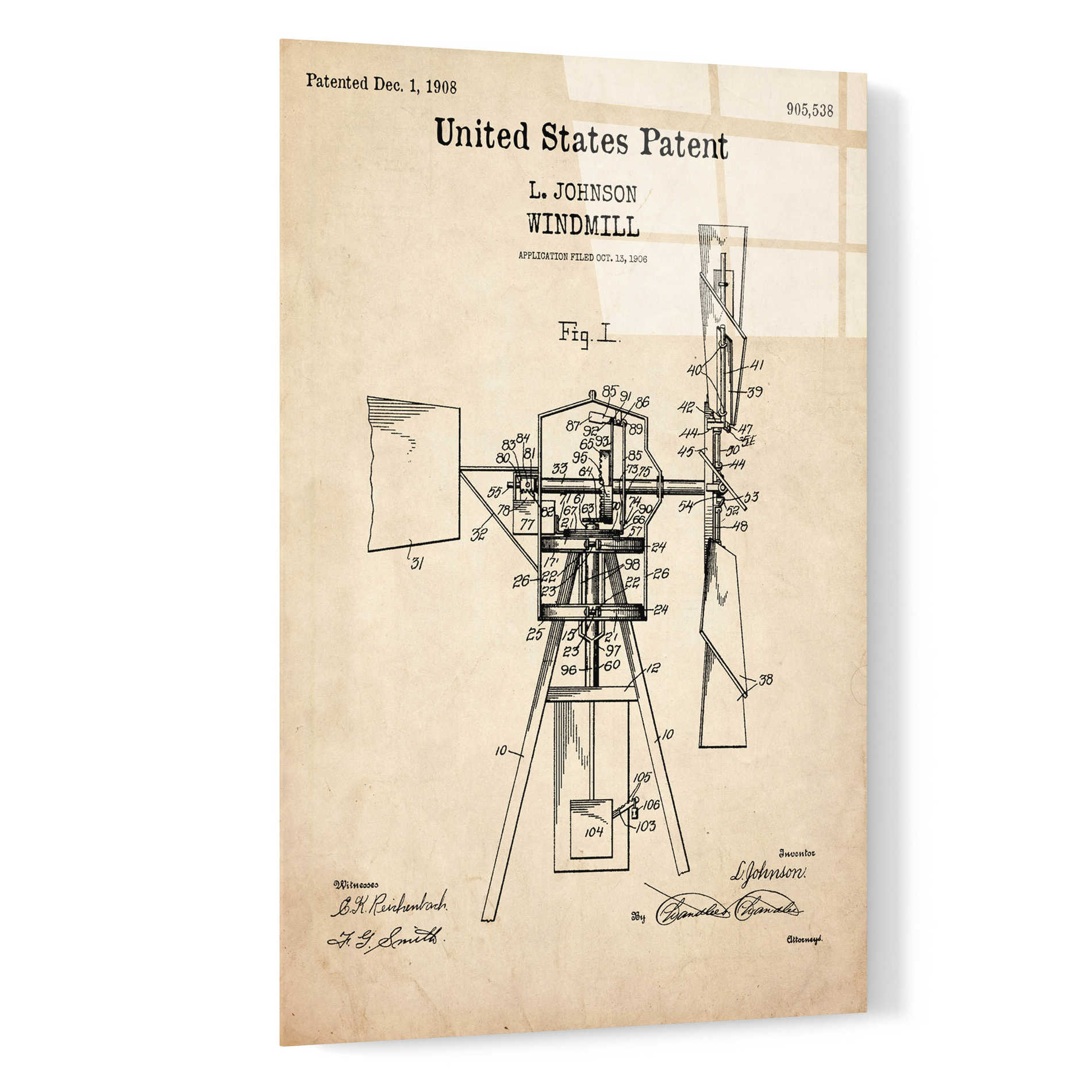 Epic Art 'Windmill Blueprint Patent Parchment,' Acrylic Glass Wall Art,16x24