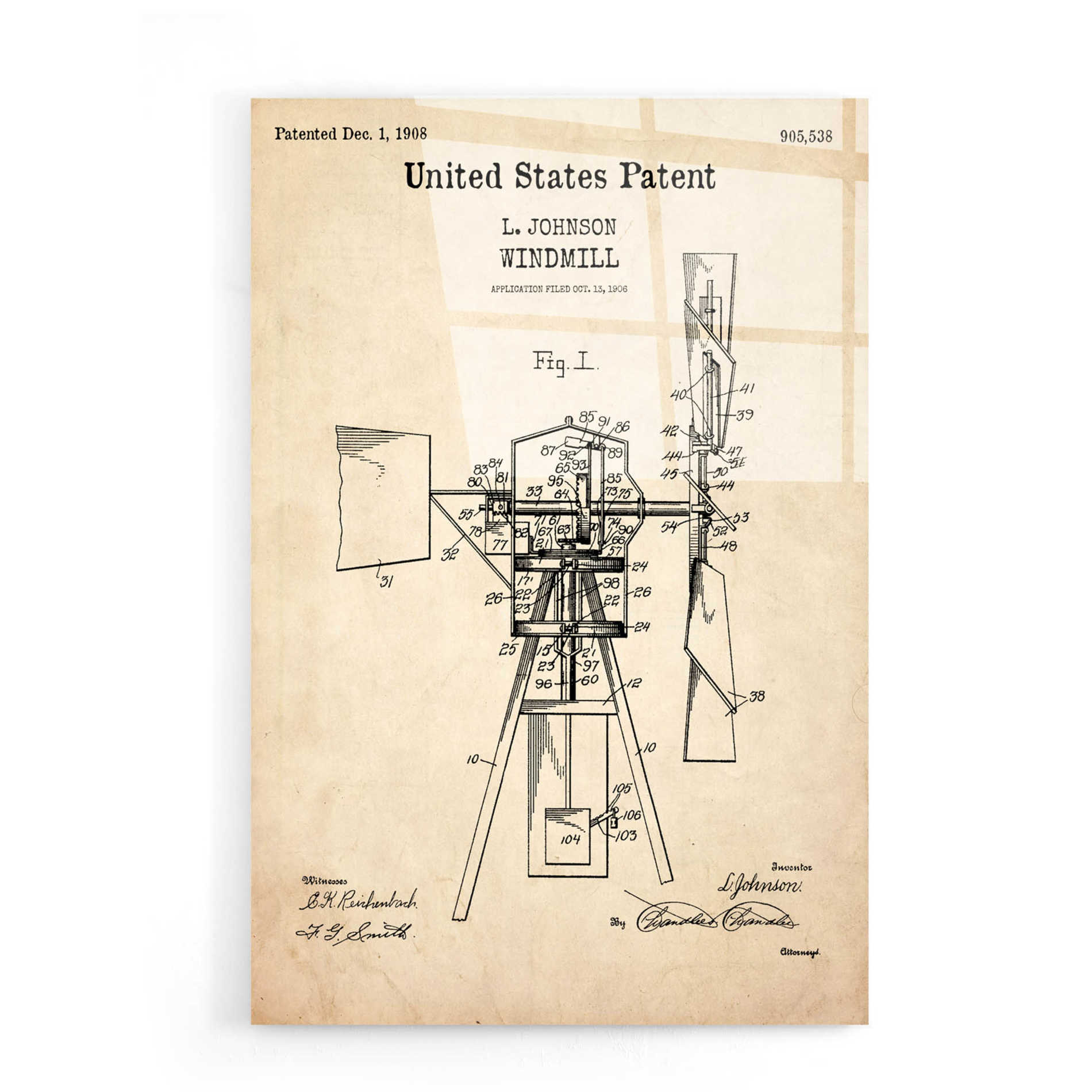 Epic Art 'Windmill Blueprint Patent Parchment,' Acrylic Glass Wall Art,16x24