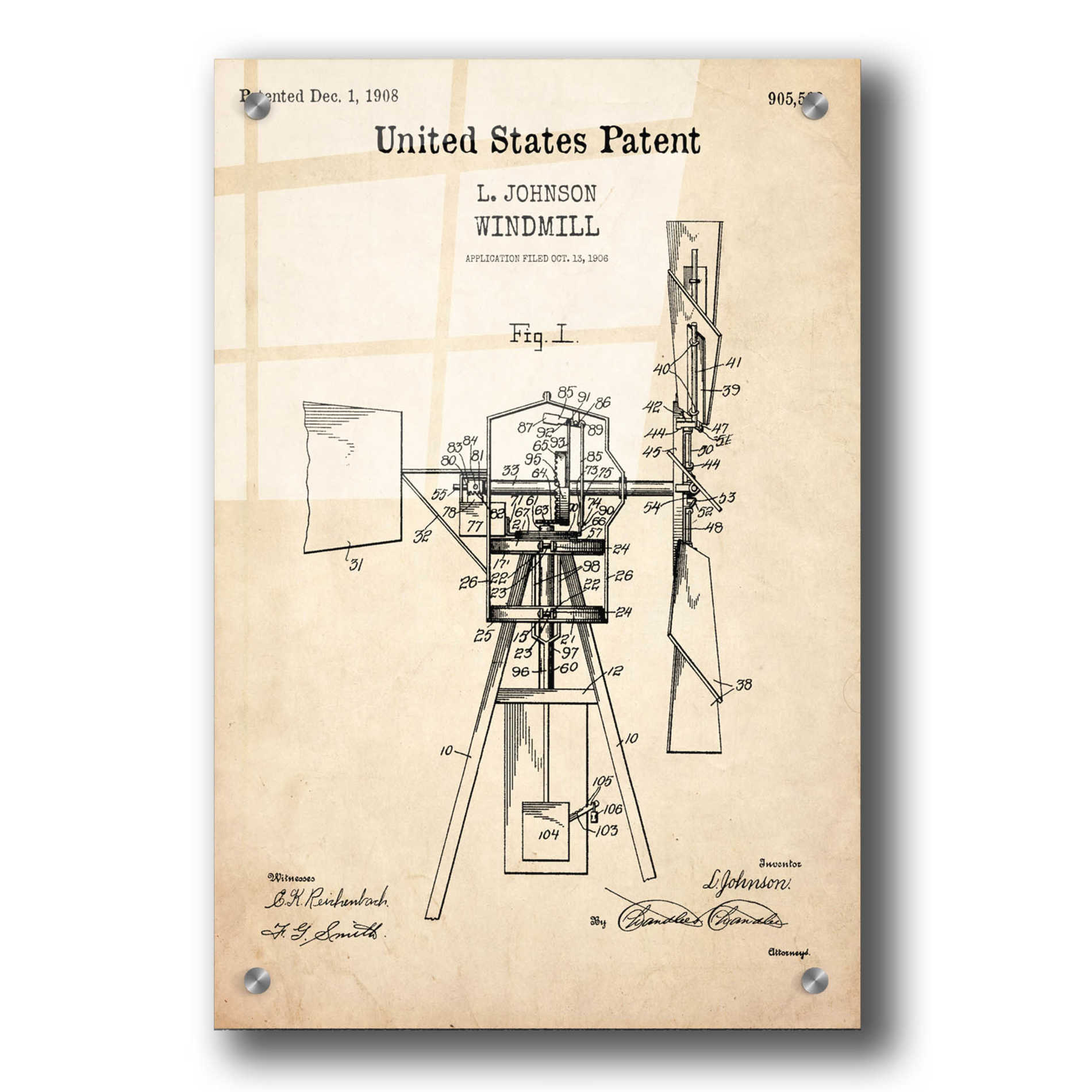 Epic Art 'Windmill Blueprint Patent Parchment,' Acrylic Glass Wall Art,24x36