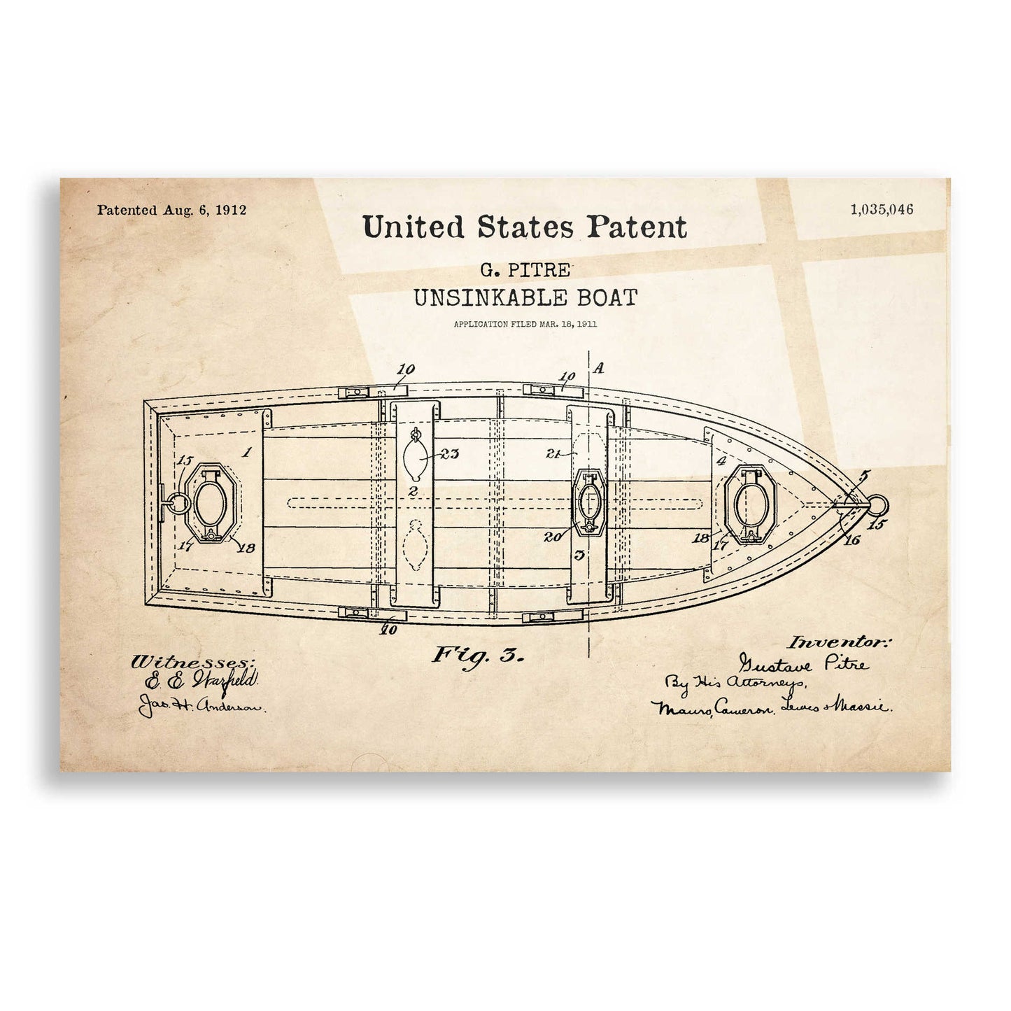 Epic Art 'Unsinkable Boat Blueprint Patent Parchment,' Acrylic Glass Wall Art