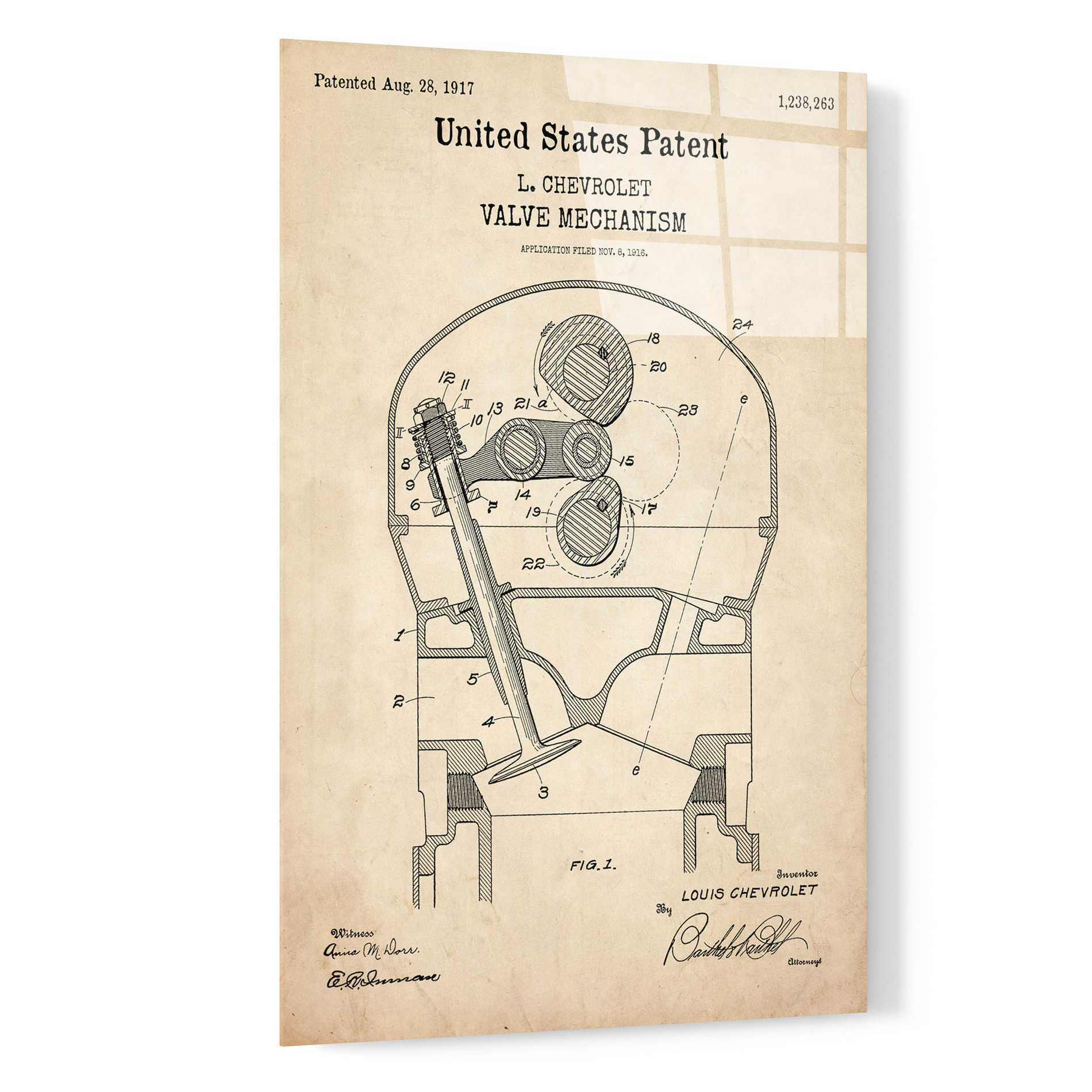 Epic Art 'Valve Mechanism Blueprint Patent Parchment,' Acrylic Glass Wall Art,16x24