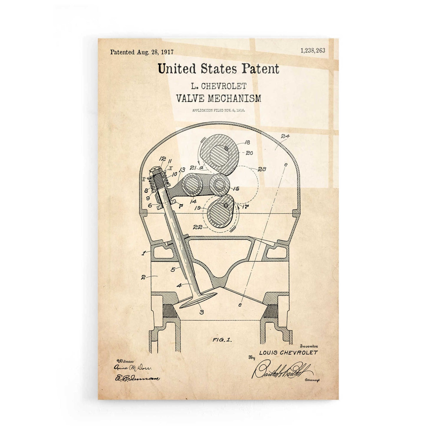 Epic Art 'Valve Mechanism Blueprint Patent Parchment,' Acrylic Glass Wall Art,16x24