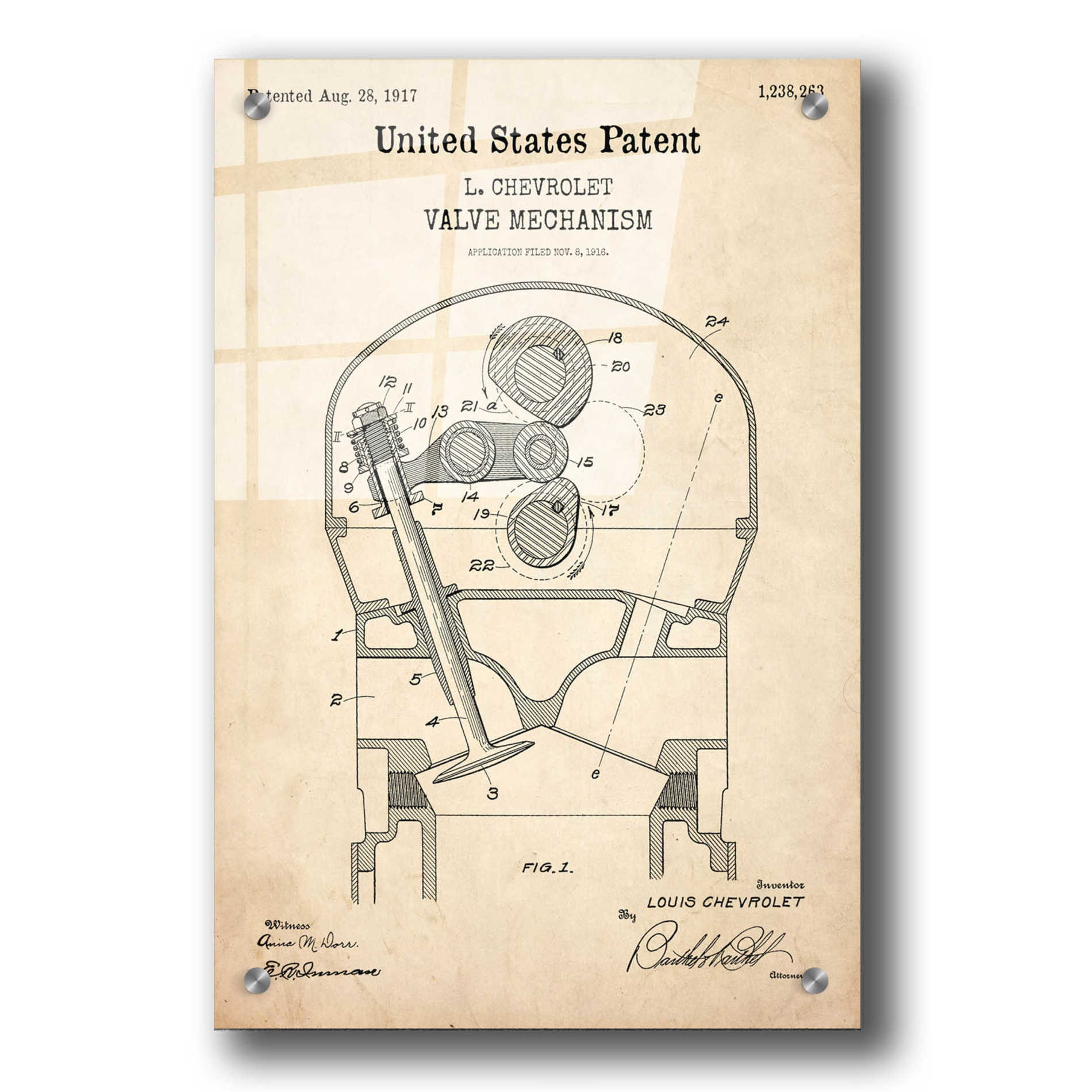 Epic Art 'Valve Mechanism Blueprint Patent Parchment,' Acrylic Glass Wall Art,24x36