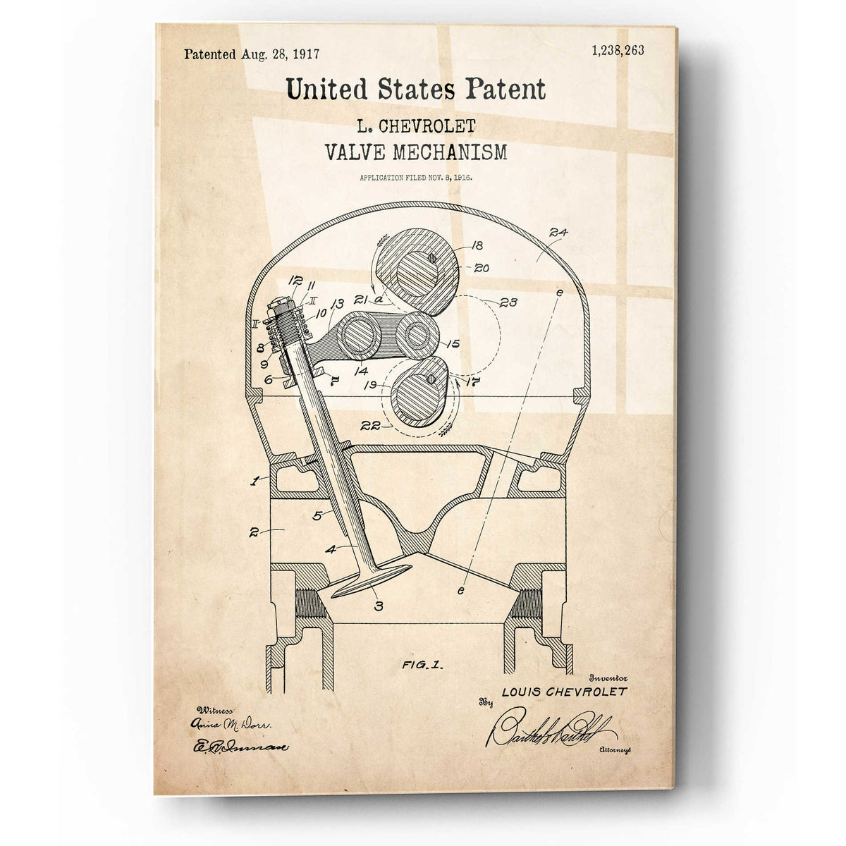 Epic Art 'Valve Mechanism Blueprint Patent Parchment,' Acrylic Glass Wall Art