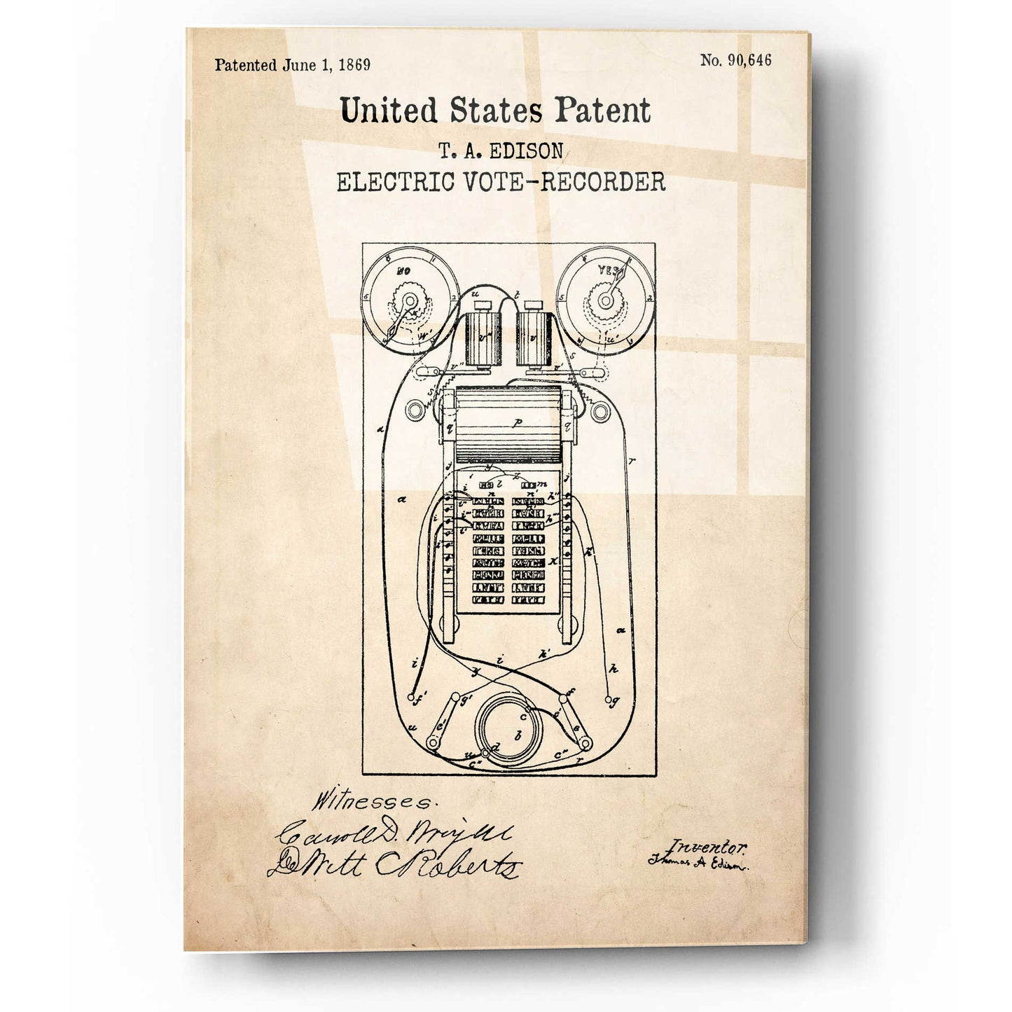 Epic Art 'Electric Vote-recorder Blueprint Patent Parchment,' Acrylic Glass Wall Art,12x16