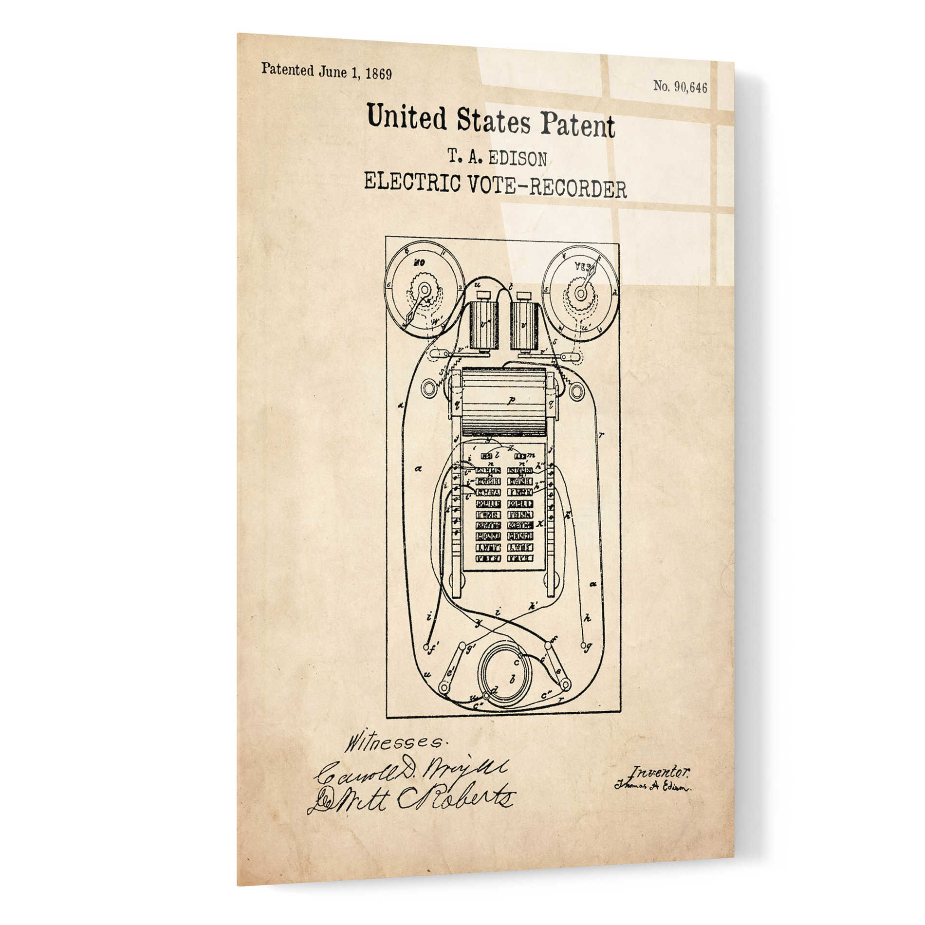 Epic Art 'Electric Vote-recorder Blueprint Patent Parchment,' Acrylic Glass Wall Art,16x24