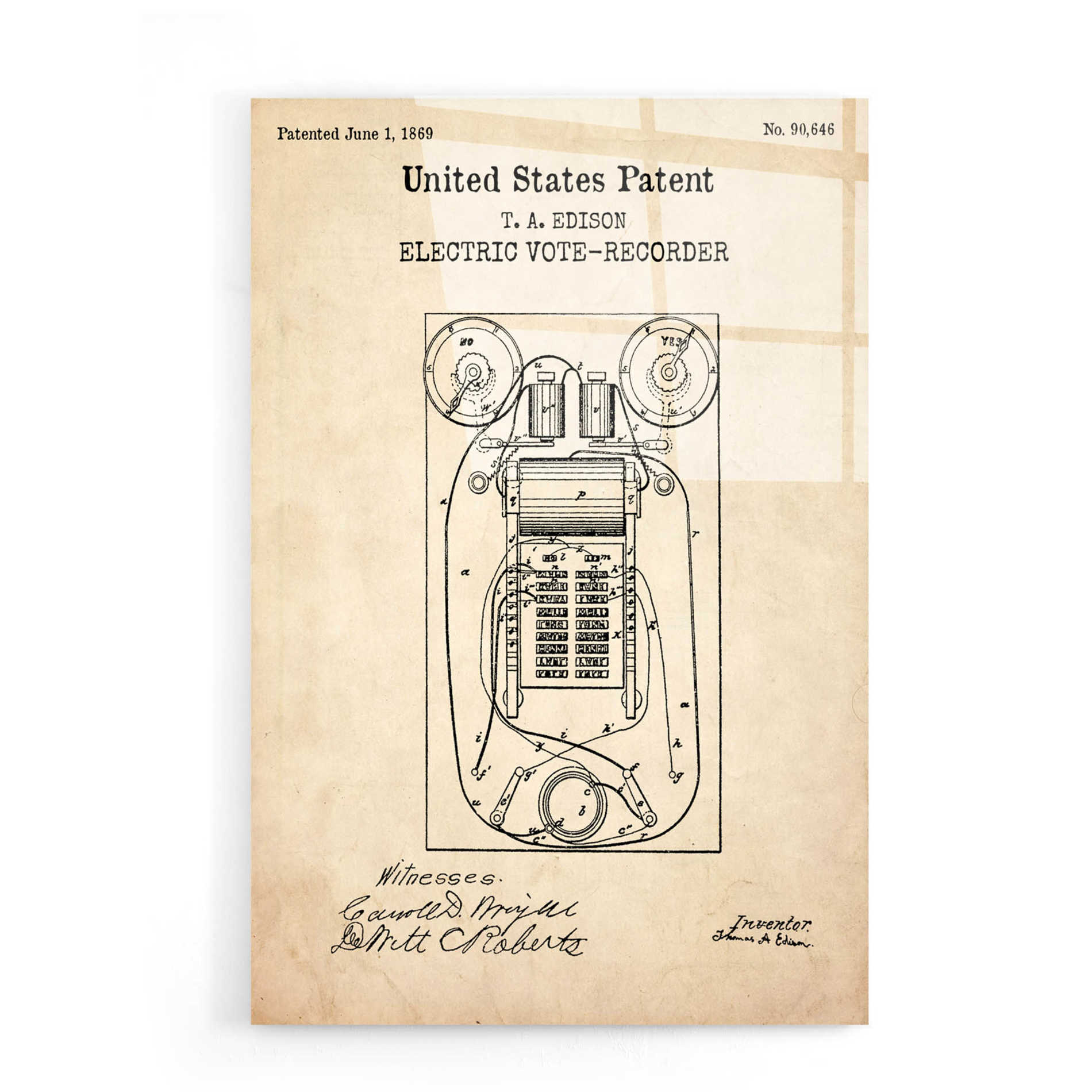 Epic Art 'Electric Vote-recorder Blueprint Patent Parchment,' Acrylic Glass Wall Art,16x24