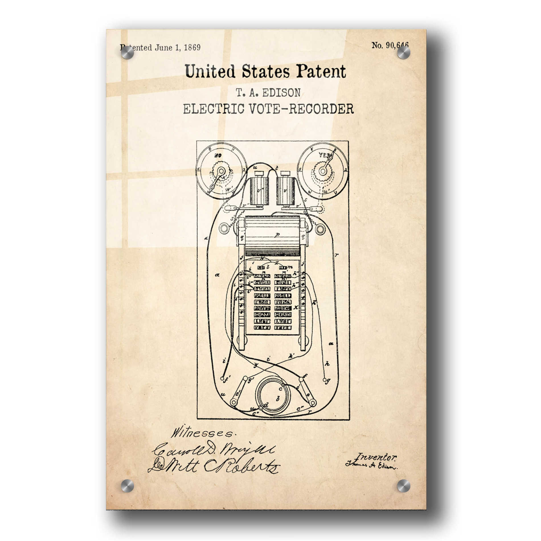 Epic Art 'Electric Vote-recorder Blueprint Patent Parchment,' Acrylic Glass Wall Art,24x36