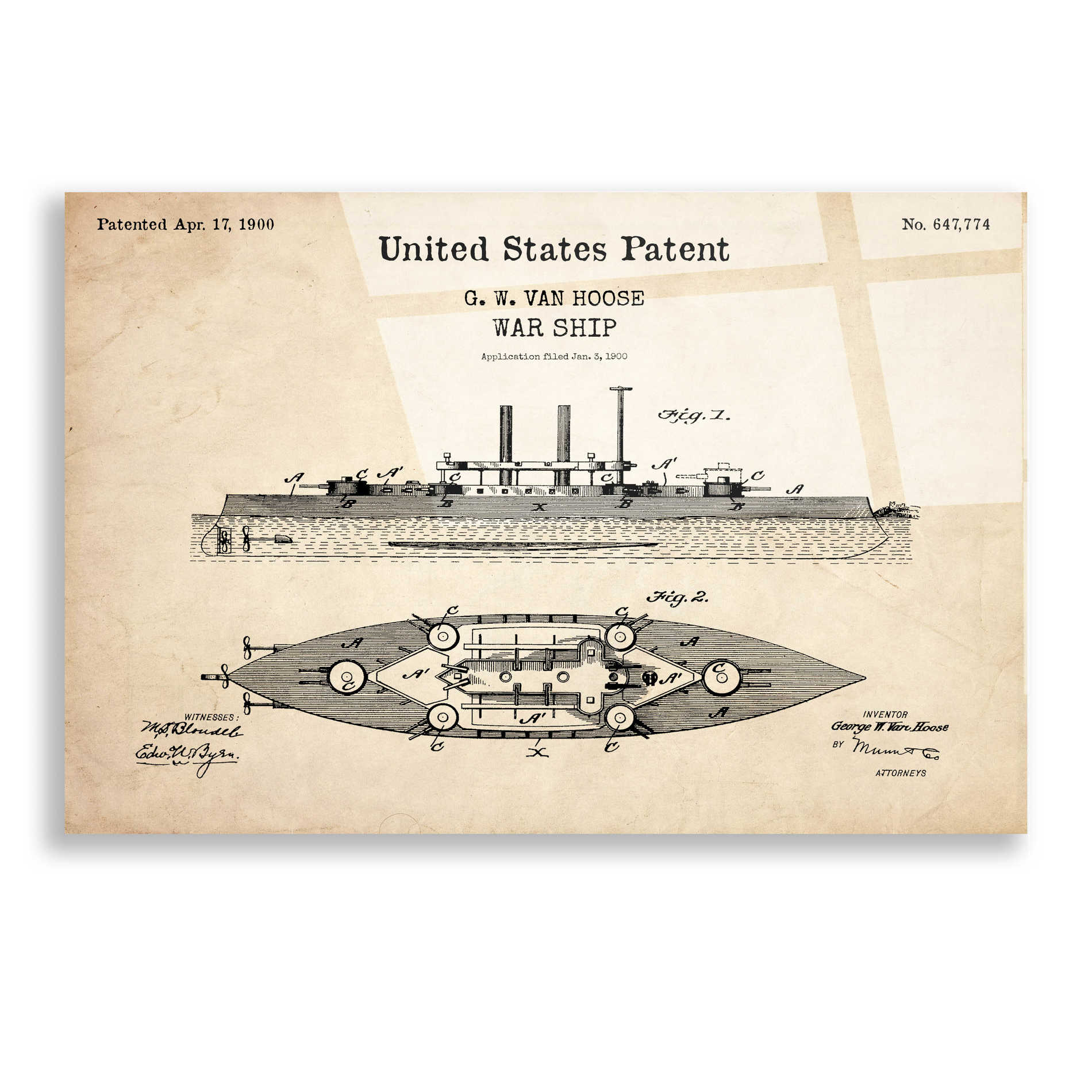 Epic Art 'War Ship Blueprint Patent Parchment,' Acrylic Glass Wall Art