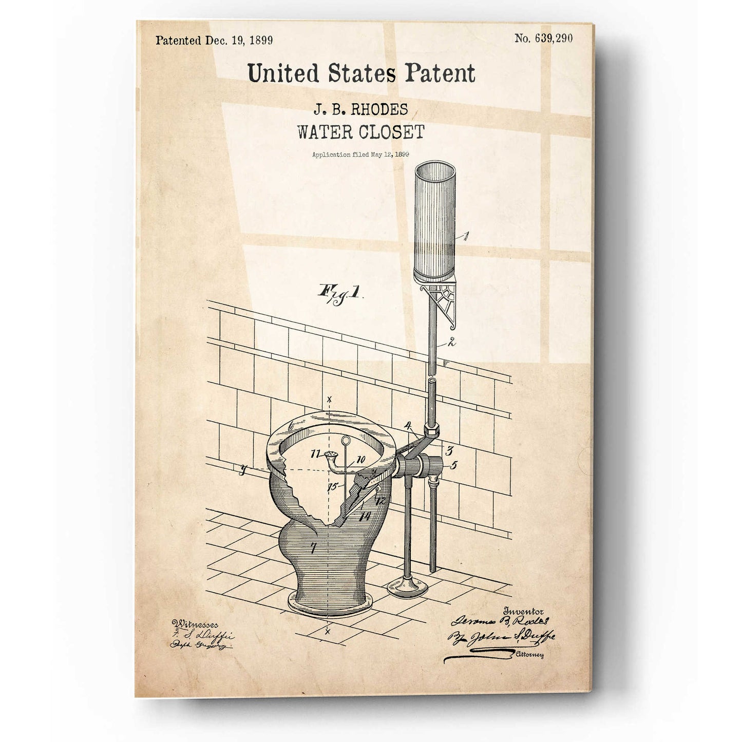Epic Art 'Water Closet Blueprint Patent Parchment,' Acrylic Glass Wall Art,12x16